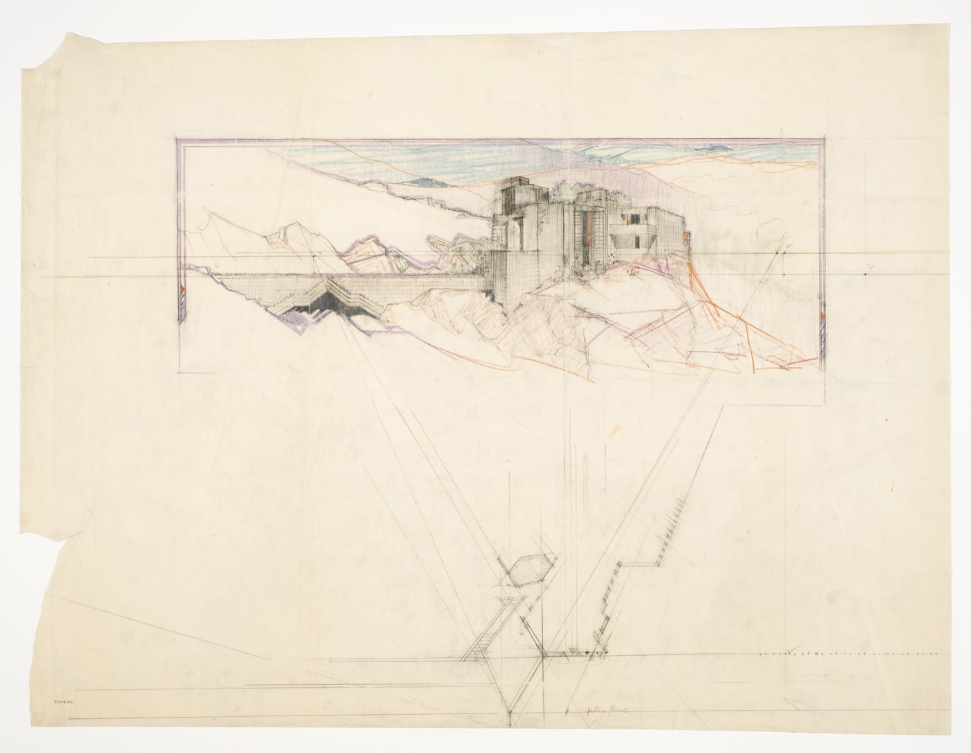 Wellington and Ralph Cudney House, San Marcos in the Desert, Arizona: perspective and partial plan / Wellington and Ralph Cudney House, San Marcos in the Desert, Arizona : perspective et plan partiel