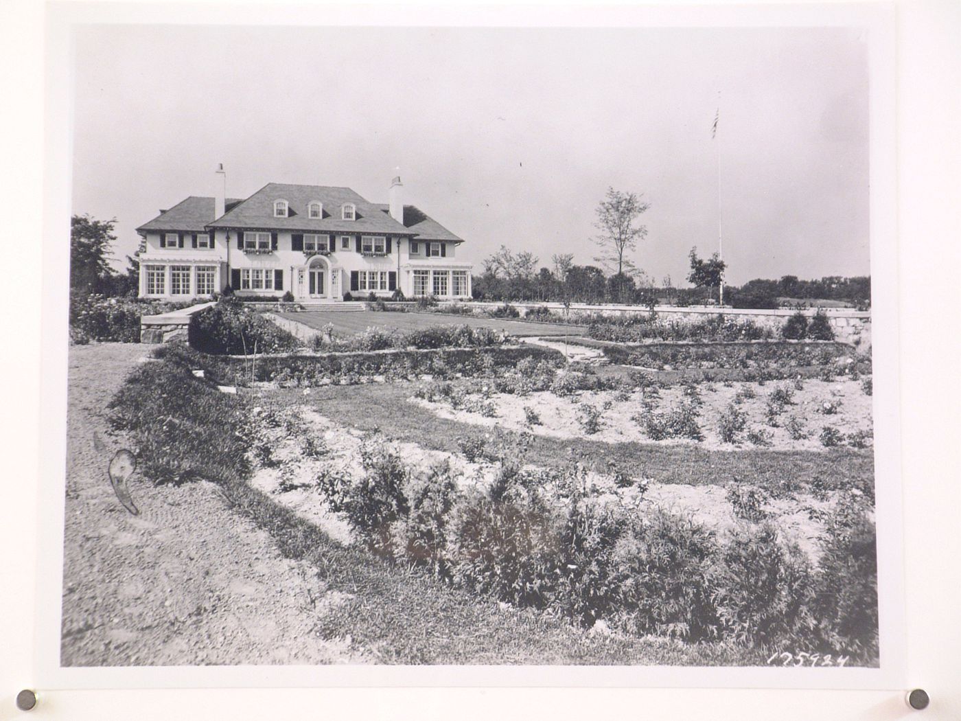 View of the rear [?] façade of the Frank L. Klingensmith house from the garden, Bloomfield Hills, Michigan