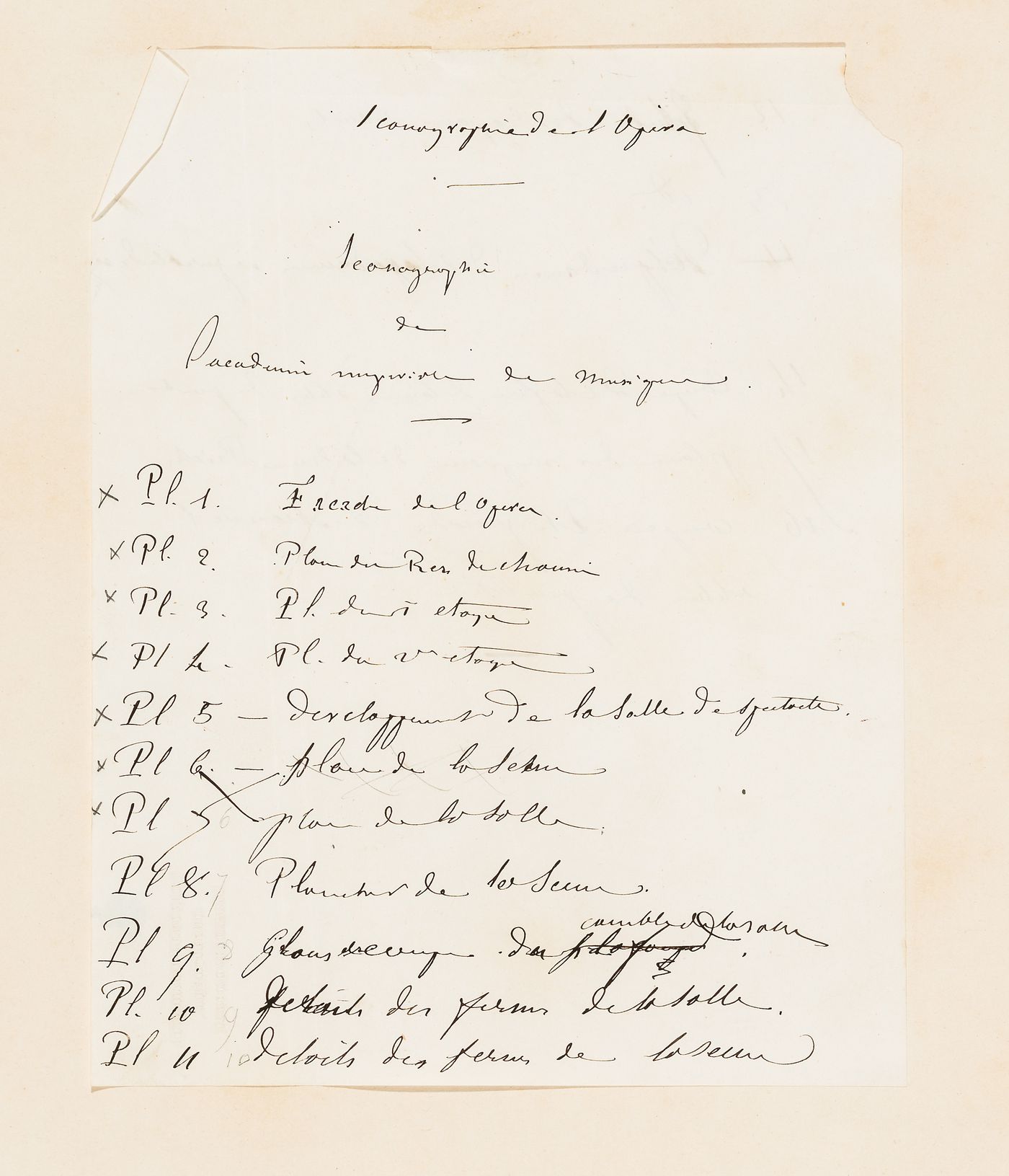 Table of contents for drawings and lithographs for proposed alterations, Salle Le Peletier