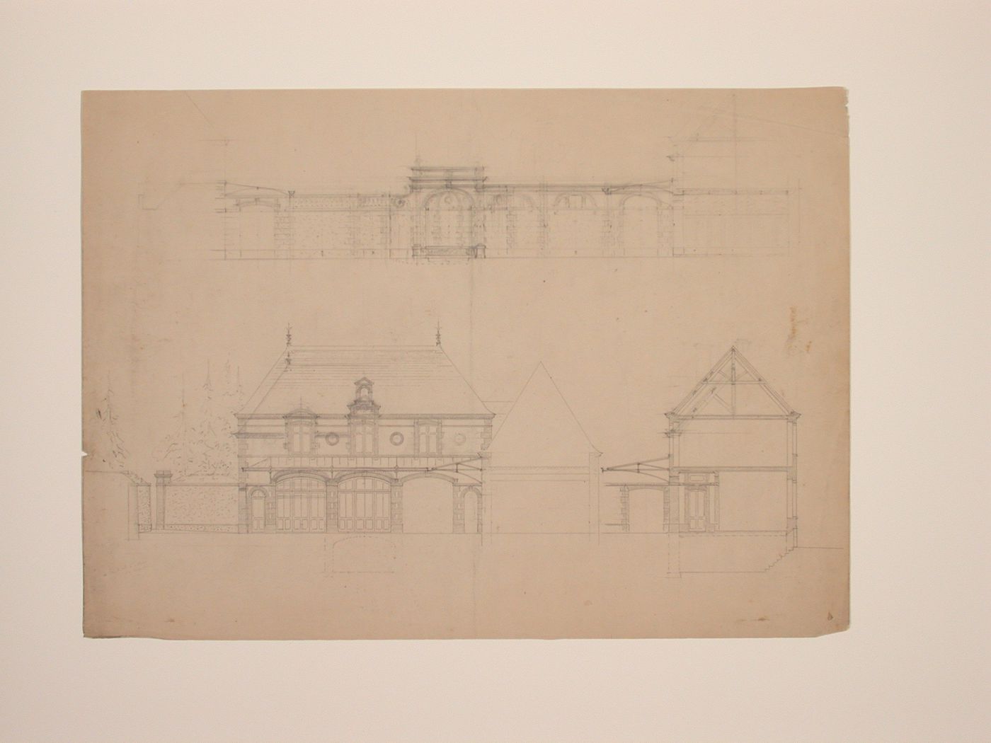 Elevations and section of a gate-house and wall