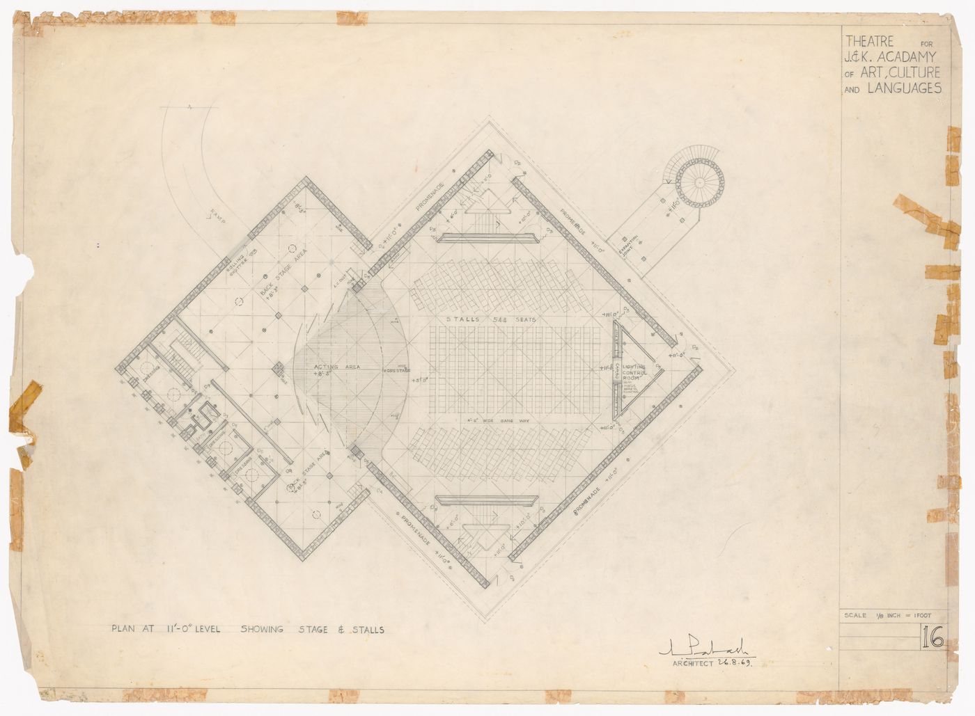 Plan showing stage and stalls for Theatre for J&K Academy of Art, Culture and Languages, Jammu, India