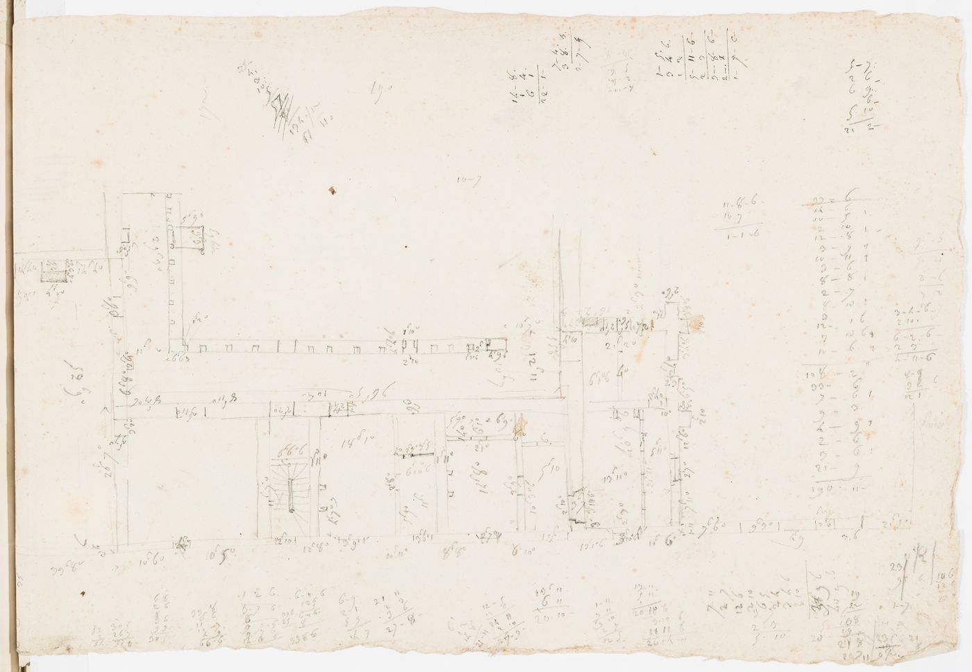 Sketch plan and dimensioning of the ground floor of the house, Domaine de La Vallée; verso: Sketch elevation, perhaps for the entrance stairs for the house, Domaine de La Vallée