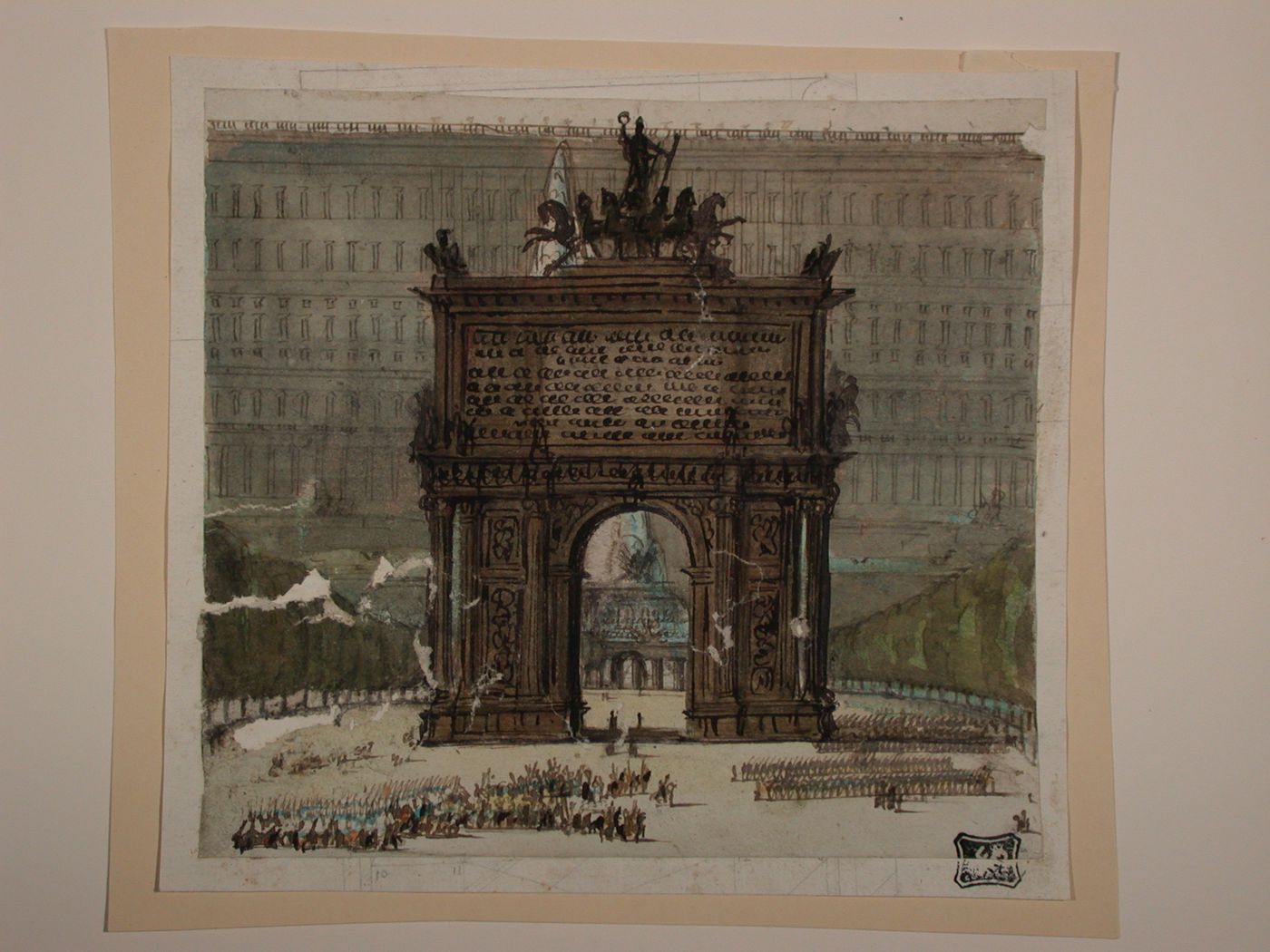 Visionary design for a triumphal arch in a square, with a fountain and a multi-story facade behind