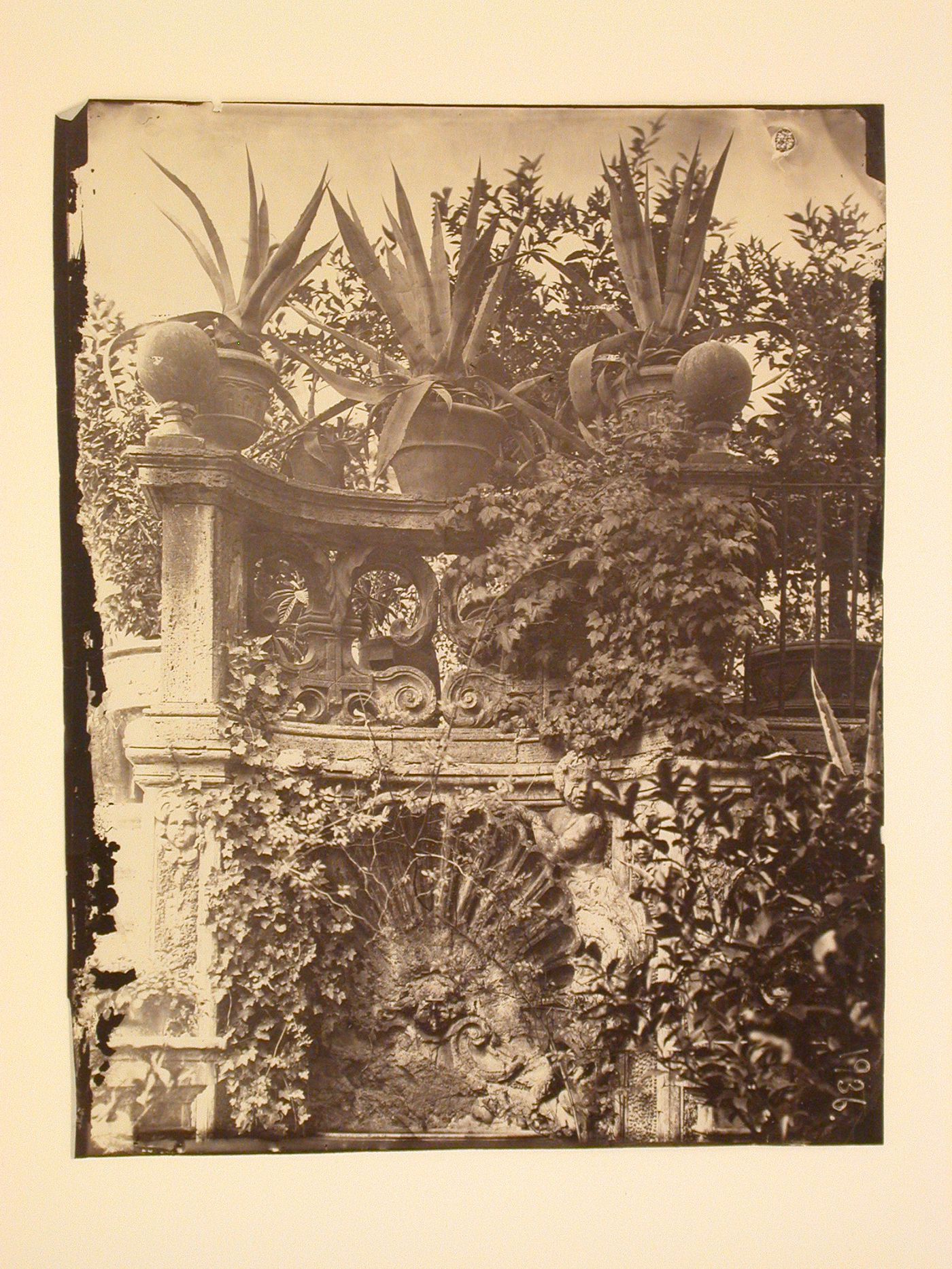 Architectural and garden study showing a balustrade and fountain, Italy