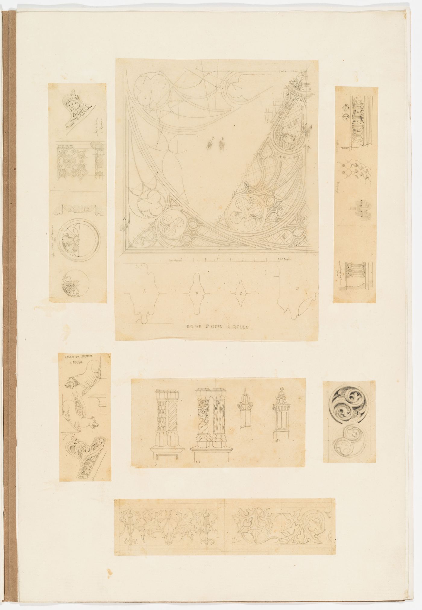 Seven drawings of Gothic architectural elements and ornament, from Abbaye aux Hommes, Caen, Palais de Justice and Abbaye St. Ouen, Rouen, Cathédrale Sainte-Marie, Bayonne, mainly copied from drawings by Pugin in 'The Architectural Antiquities of Normandy'