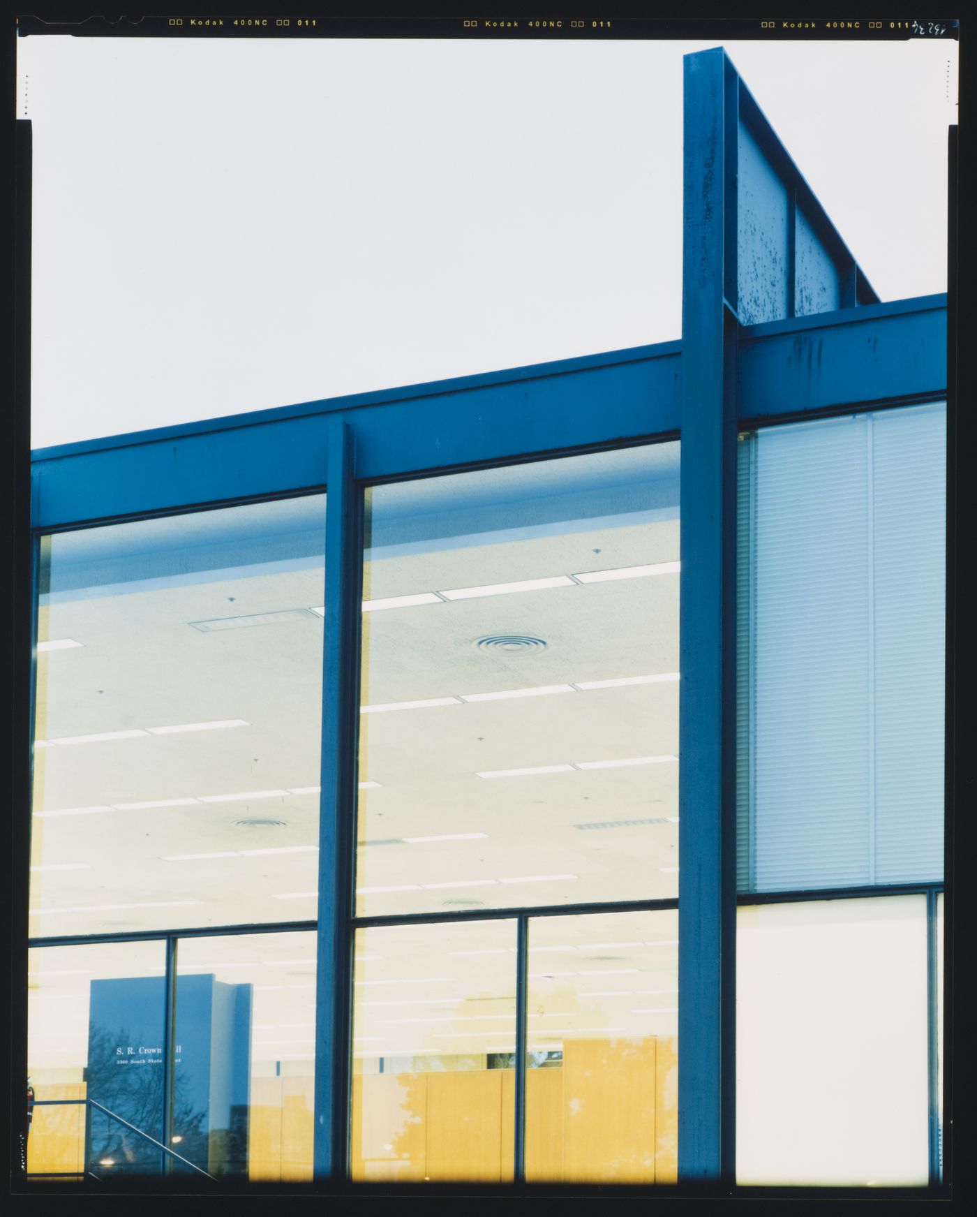 Partial view of Crown Hall showing windows and the interior at the north entrance, Illinois Institute of Technology, Chicago, Illinois