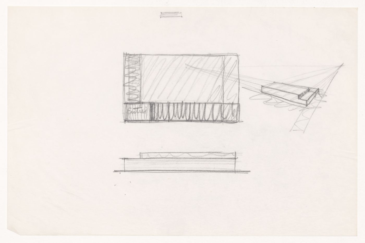 Sketch plan, sketch elevation and bird's-eye perspective sketch for the Gymnasium