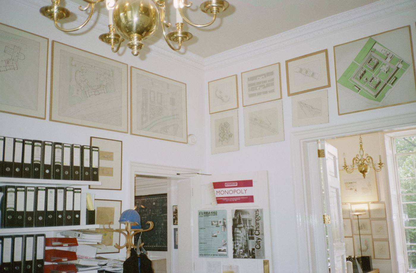 Interior view of the office of James Stirling, Michael Wilford and Associates on Fitzroy Square in London