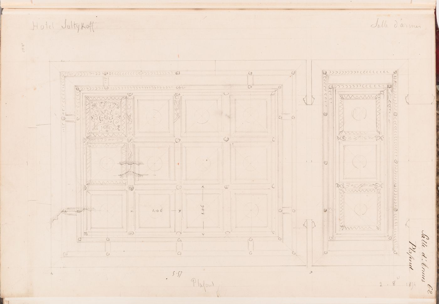 Reflected ceiling plan for the "salle d"armes" on the second floor, Hôtel Soltykoff