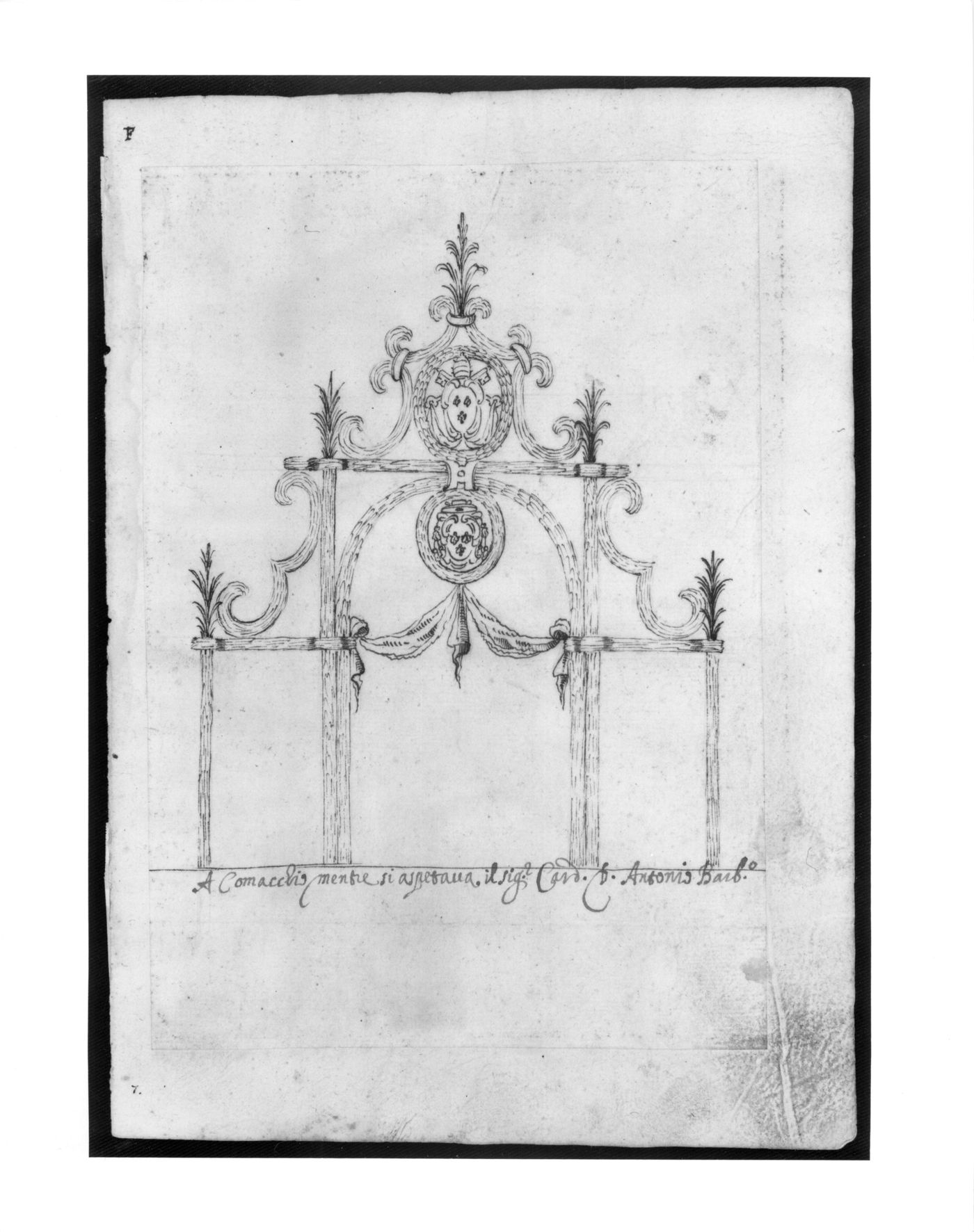 Elevation of a triumphal arch at Comacchio surmounted by the coats of arms of Pope Urban VIII Barberini and Cardinal Pietro Antonio Barberini