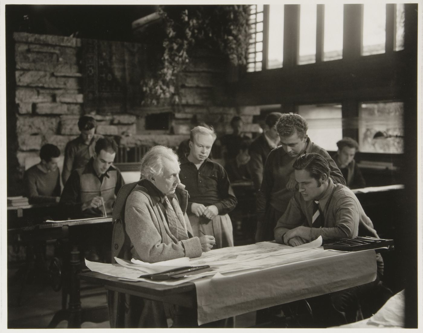 Frank Lloyd Wright, with a group of Taliesin Fellow, Taliesin Studio, Spring Green, Wisconsin