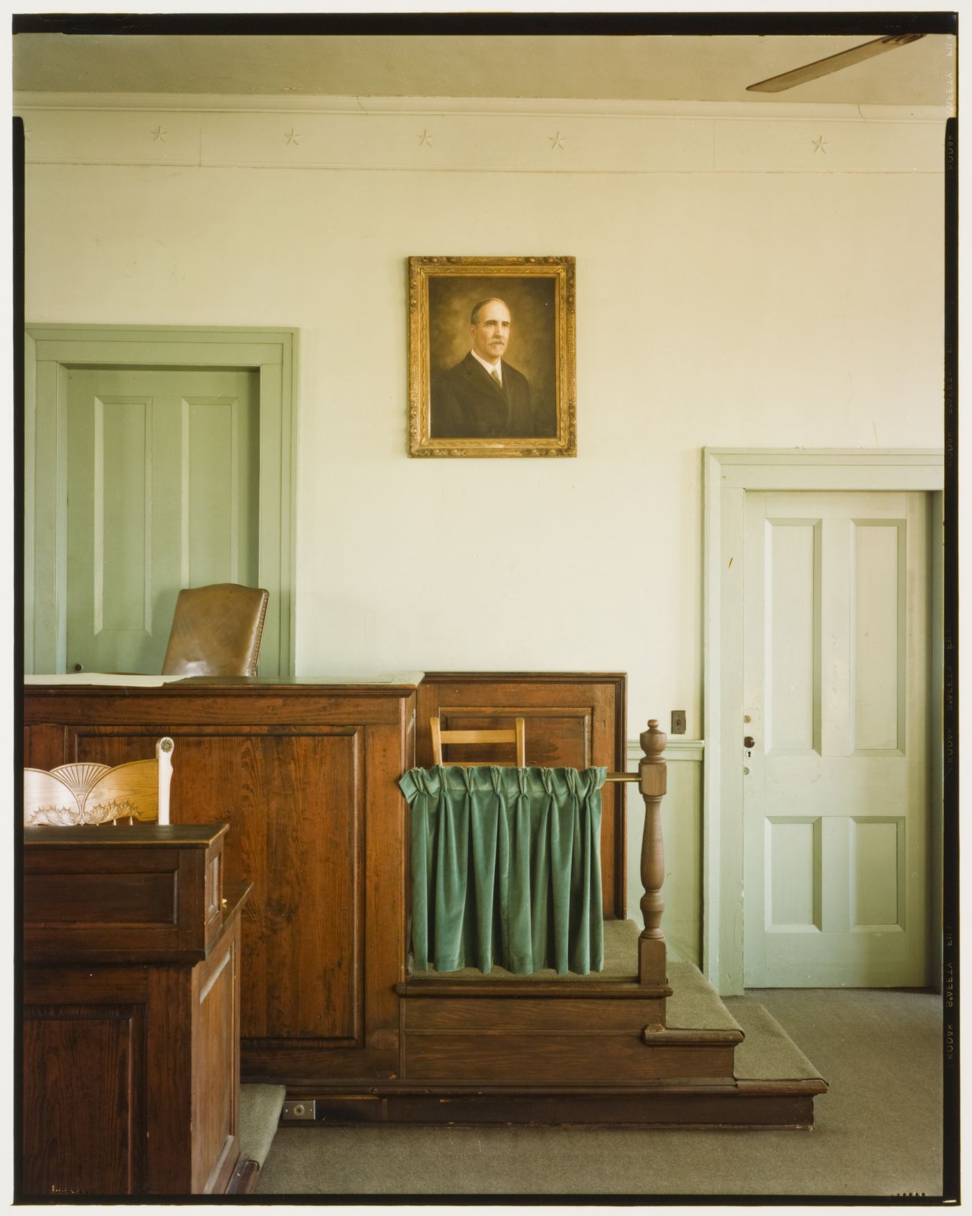 Interior view of the courtroom showing the witness stand and judge's bench, Greene County Courthouse, Greensboro, Georgia, United States