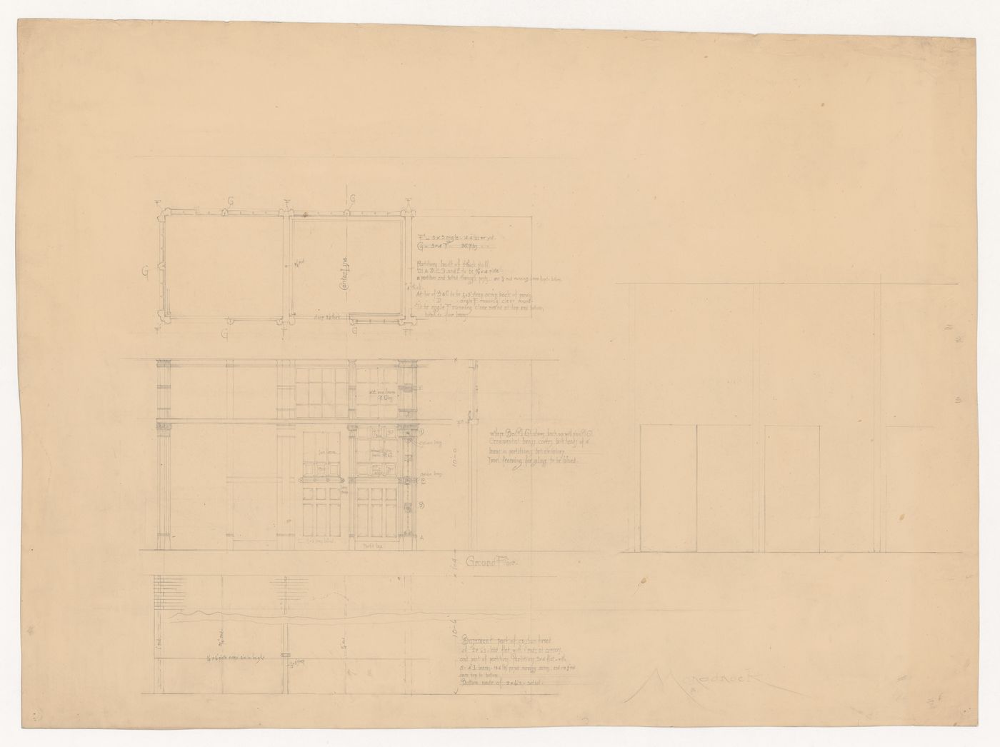 Monadnock Building, Chicago: Sectional elevation, plan and wall section for elevator shaft enclosure and doors