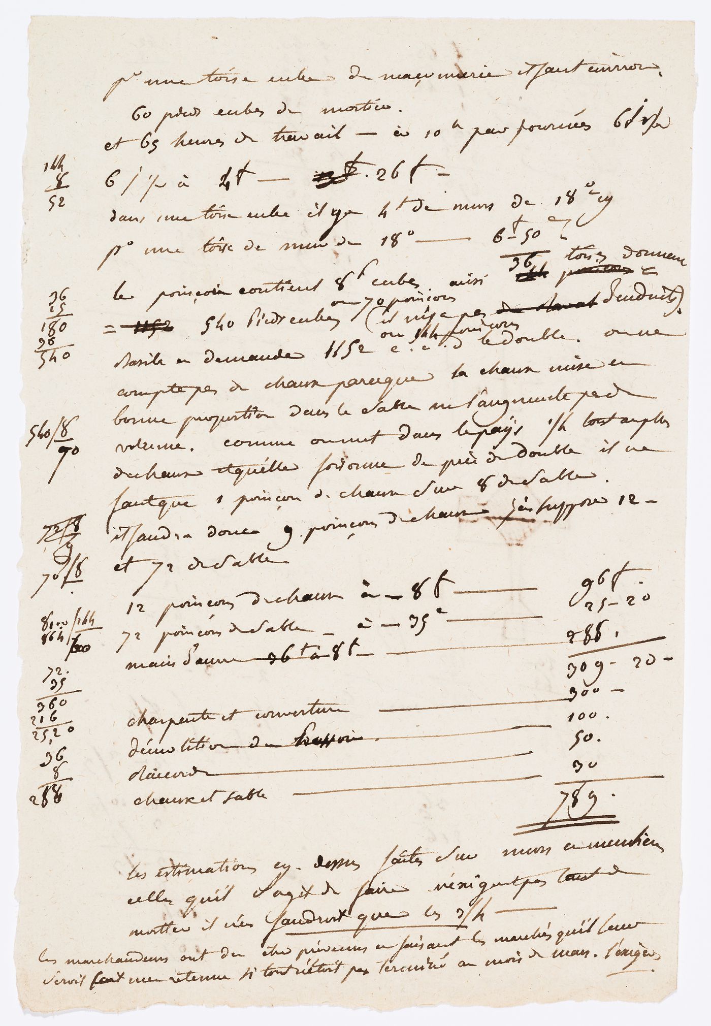 Document, perhaps cost calculations, Domaine de La Vallée