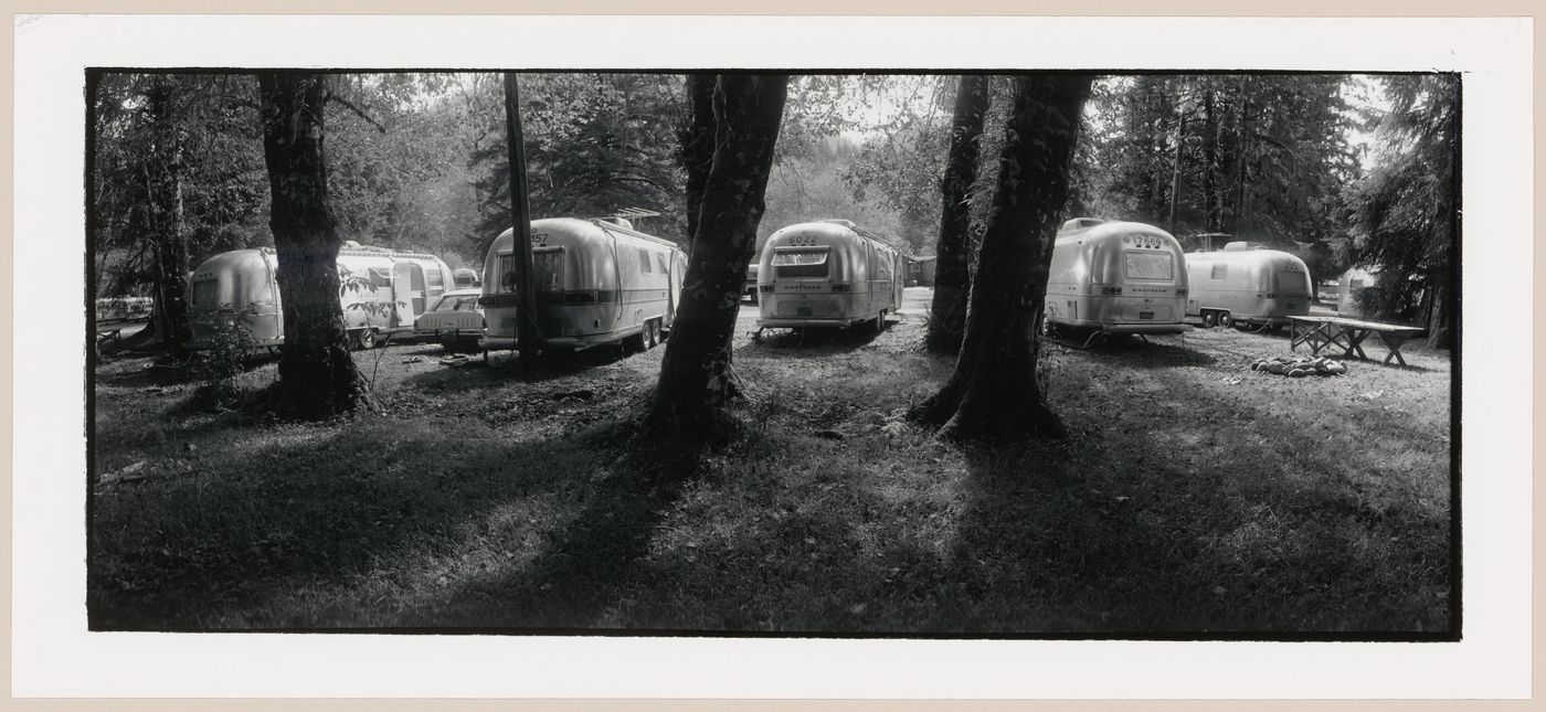 Panoramic view showing parked mobile homes, Lake Quinault, Washington, United States