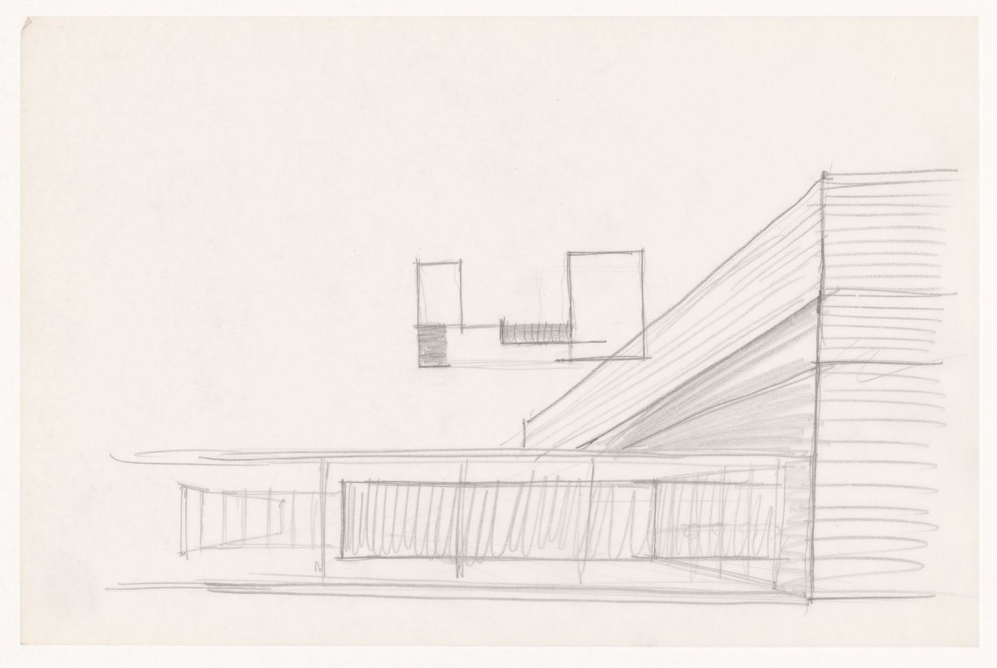 Perspective sketch for the link and the Field House, and sketch plan for the Field House, Gymnasium and Natatorium complex