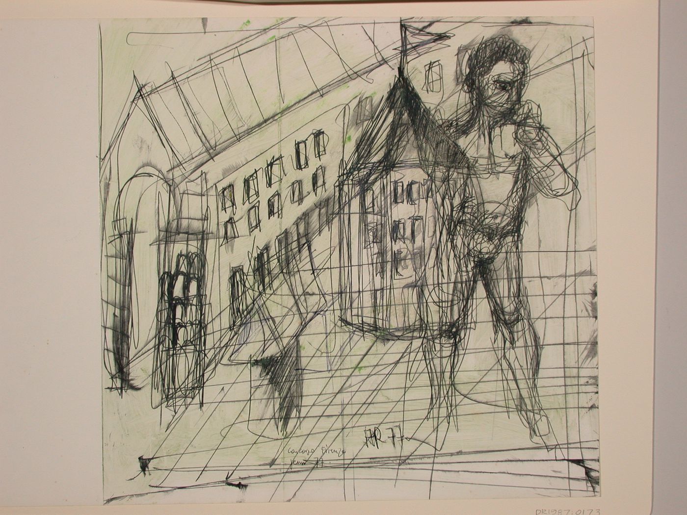 Perspective sketch for Centro Direzionale, Florence, with sketches of a statue of David