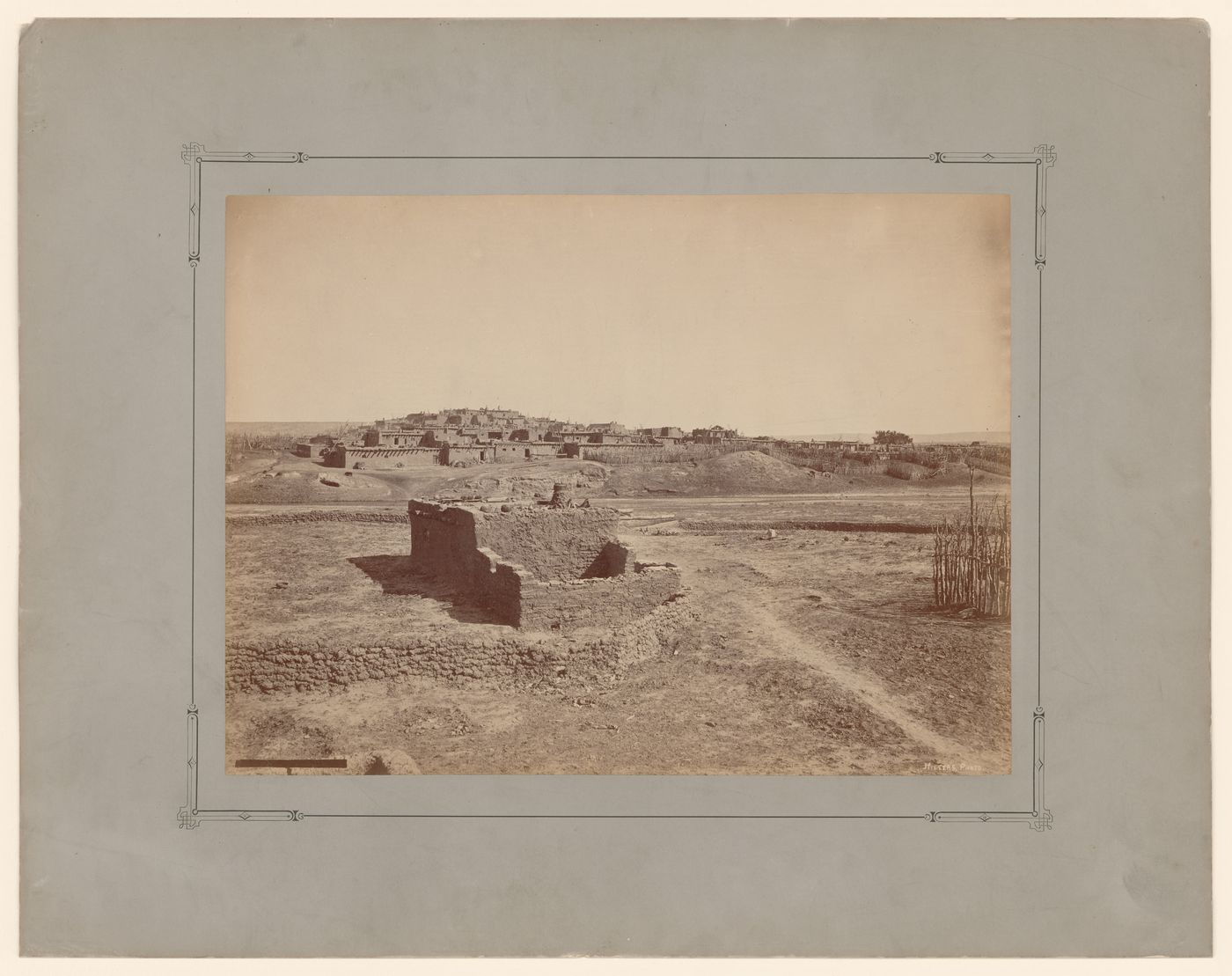 View of adobe garden walls near Zuni showing cultivated plots of land, New Mexico, United States