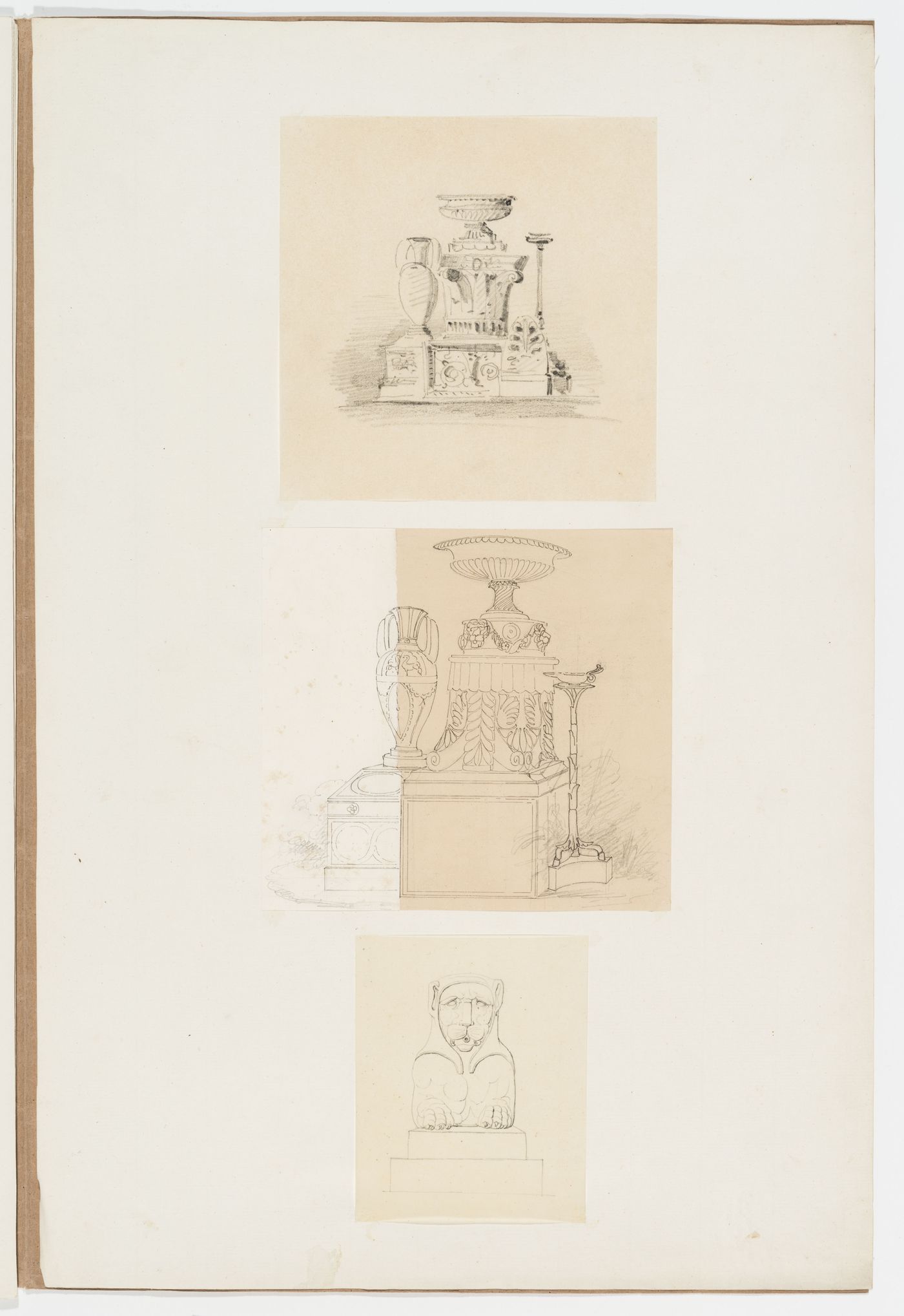 Sketches of vases, capitals and pedestals; Sketch of a sculpture [?] of a mythical animal