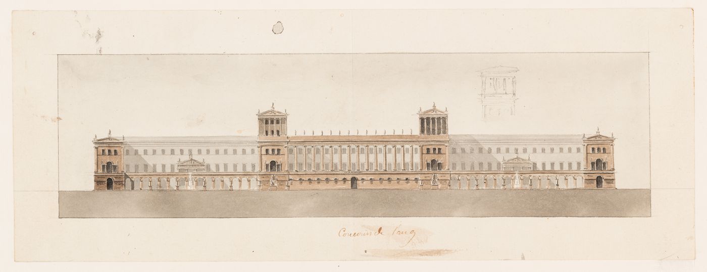 1801 Grand Prix Competition: Esquisse showing plan, elevations, and section for a forum or public square dedicated to peace; verso: 1801 Grand Prix Competition: Elevation for a building for a forum or public square dedicated to peace