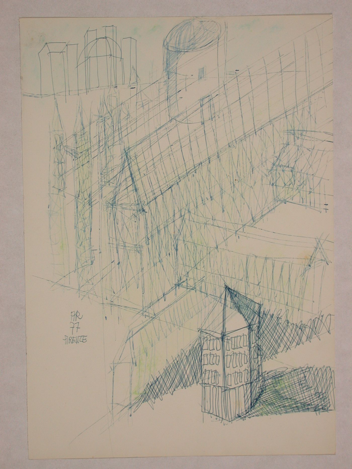 Perspective sketches, sketch elevation and sketch axonometric for Centro Direzionale, Florence