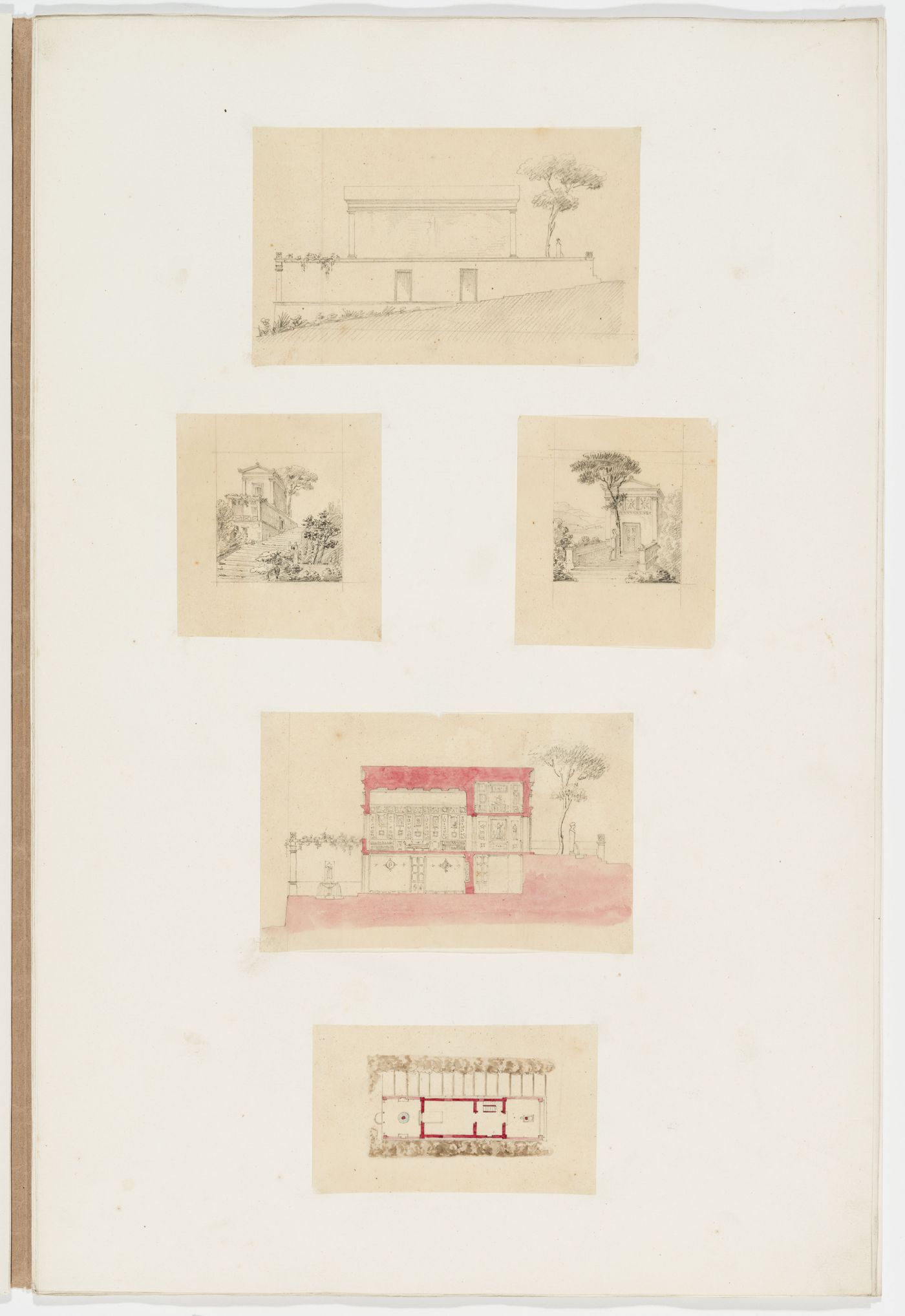 Elevation, longitudinal section, plan, and two views for an Etruscan Style building