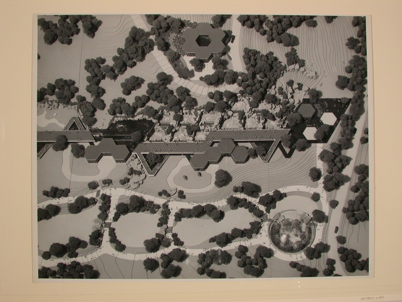 Photograph of a model for the Omaha Zoo showing the Prototype Hexagonal Buildings and the Aviary Structure, Omaha, Nebraska