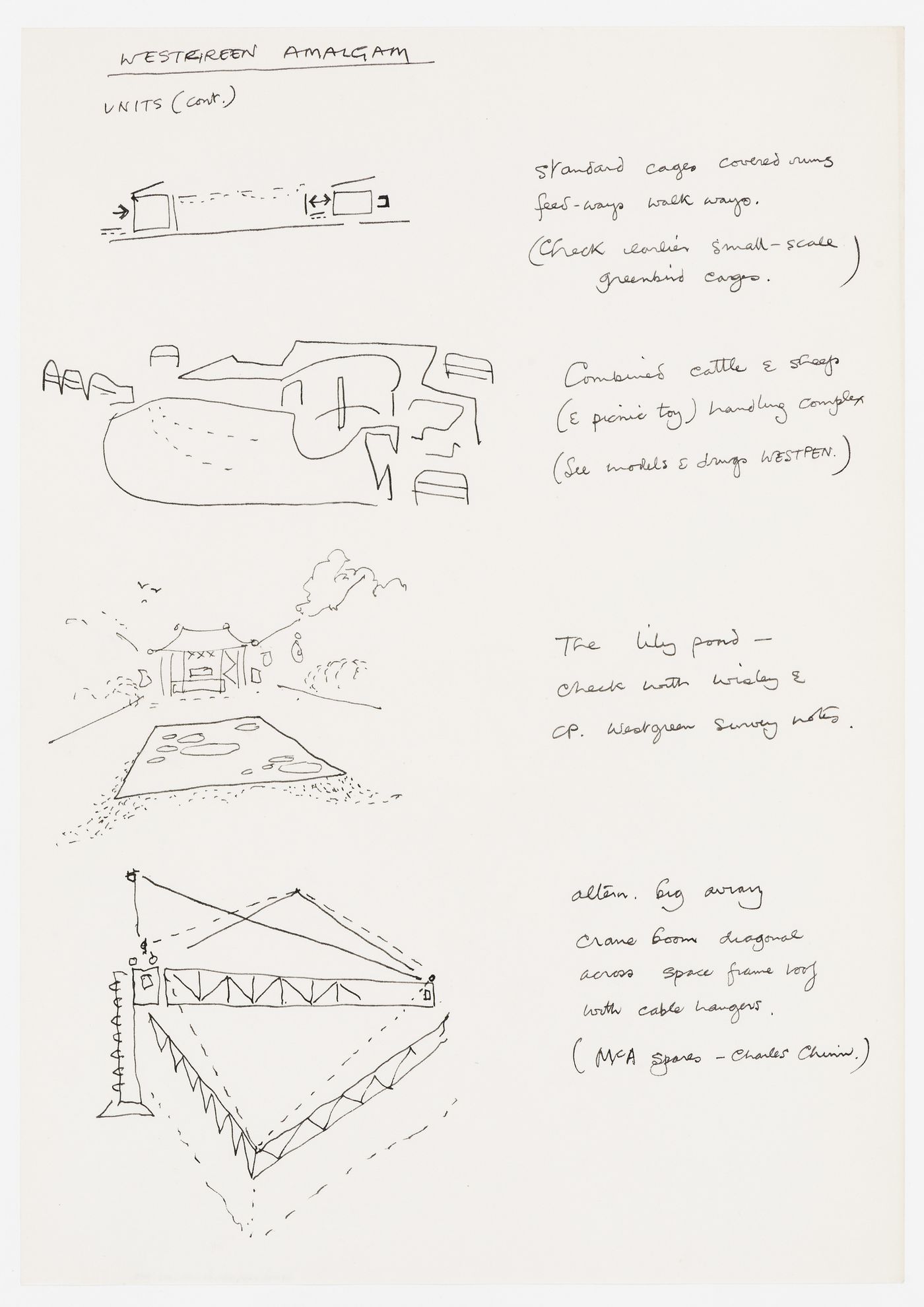 Continuation of sketches and notes about units, including cages, the cattle and sheep handling complex, the lily pond and a crane for Westgreen Amalgam