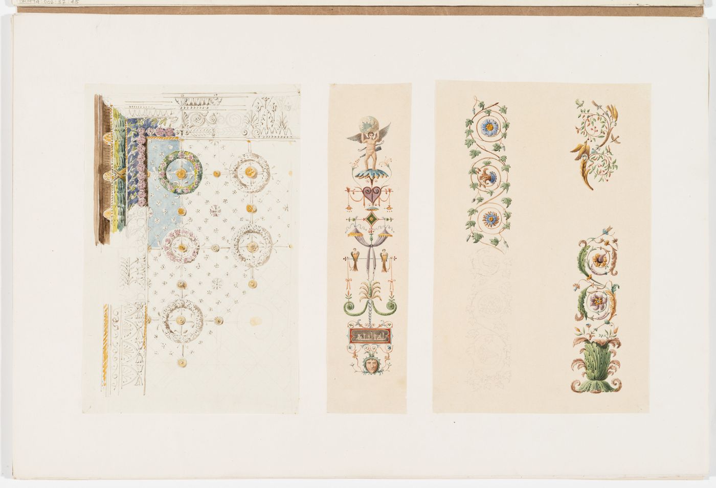Ornament drawings of a panel decorated with foliage and wreaths, a vertical band decorated with grotesques, and three rinceaux