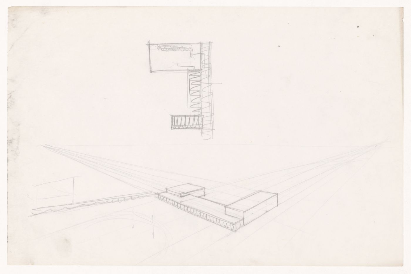 Sketch plan and bird's-eye perspective sketch for the Field House, Gymnasium and Natatorium complex