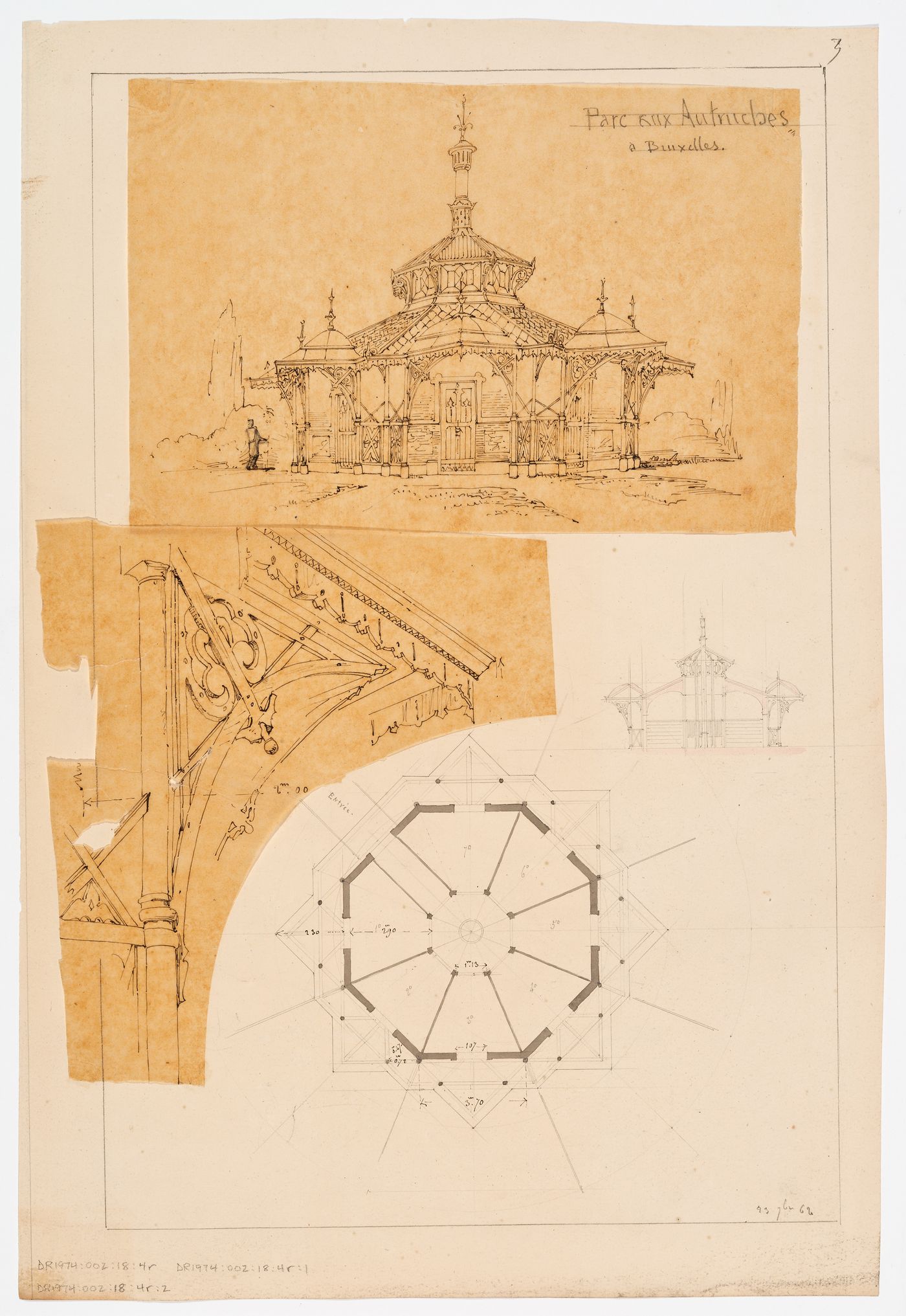 Zoological garden, Brussels: Perspective, perspective view of a bracket, cross section, and plan of the ostrich aviary