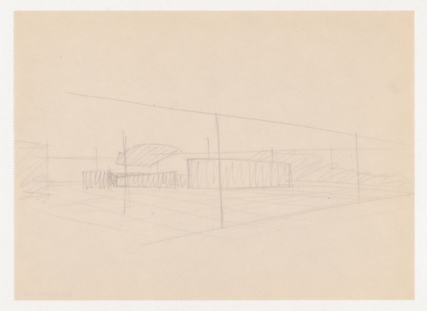 Exterior perspective sketch for Museum for a Small City showing the auditorium with suspended ceiling