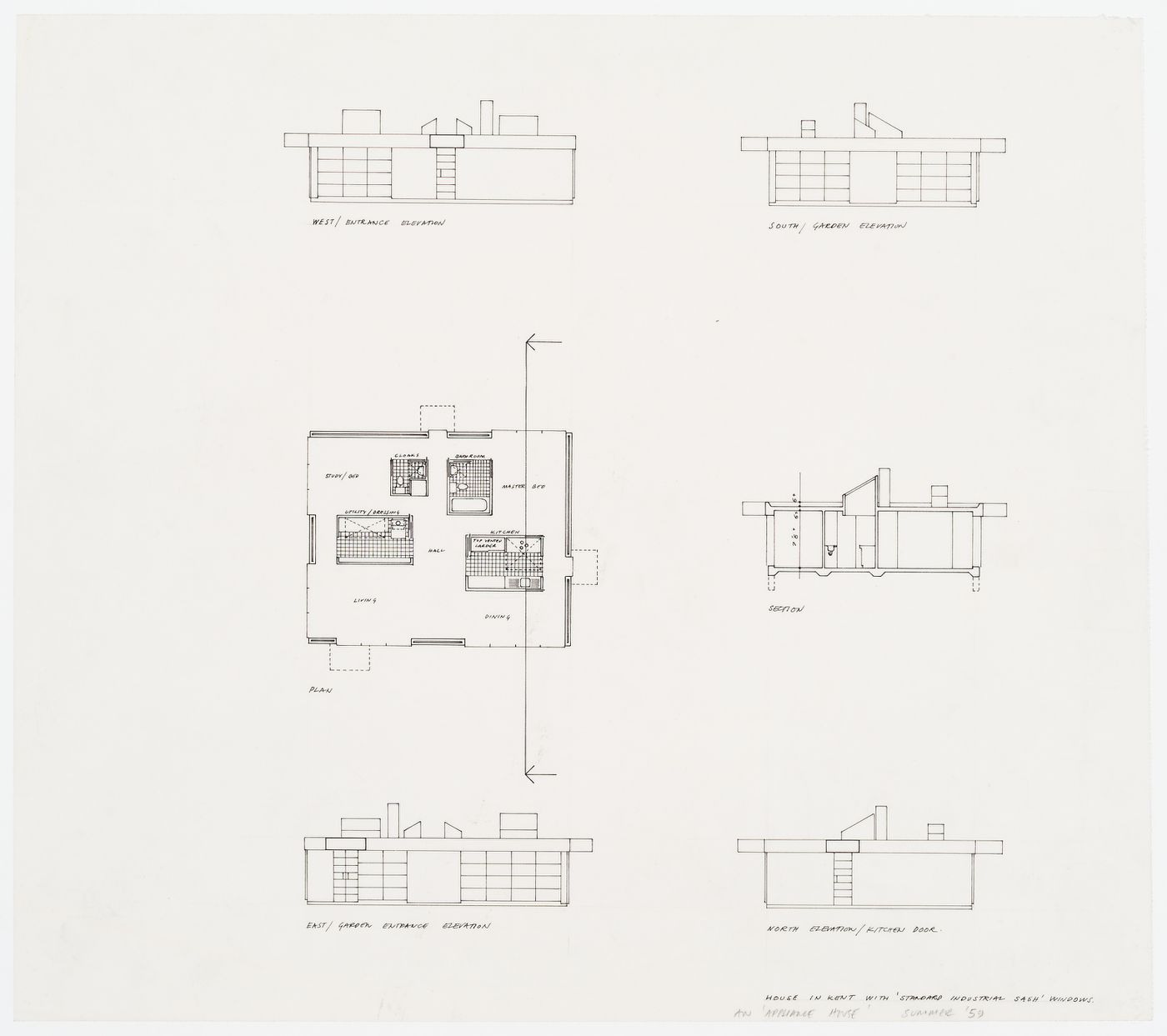 Elevations, a plan and a section for a house in Kent, England