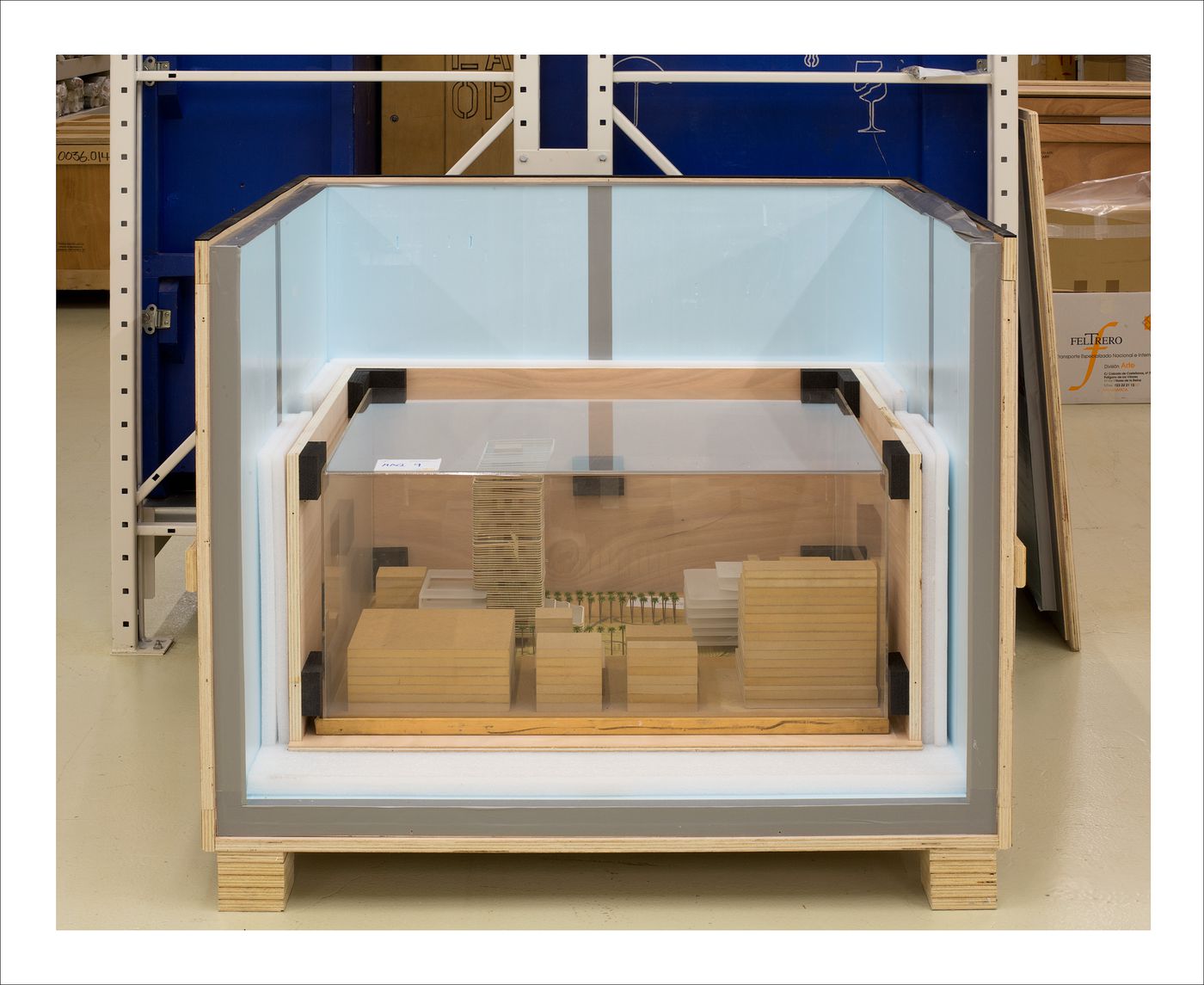 Proofs of Relevance: View of a model in a crate showing Woermann Public Square and Building, Abalos & Herreros (2001), Las Palmas de Gran Canaria, Spain