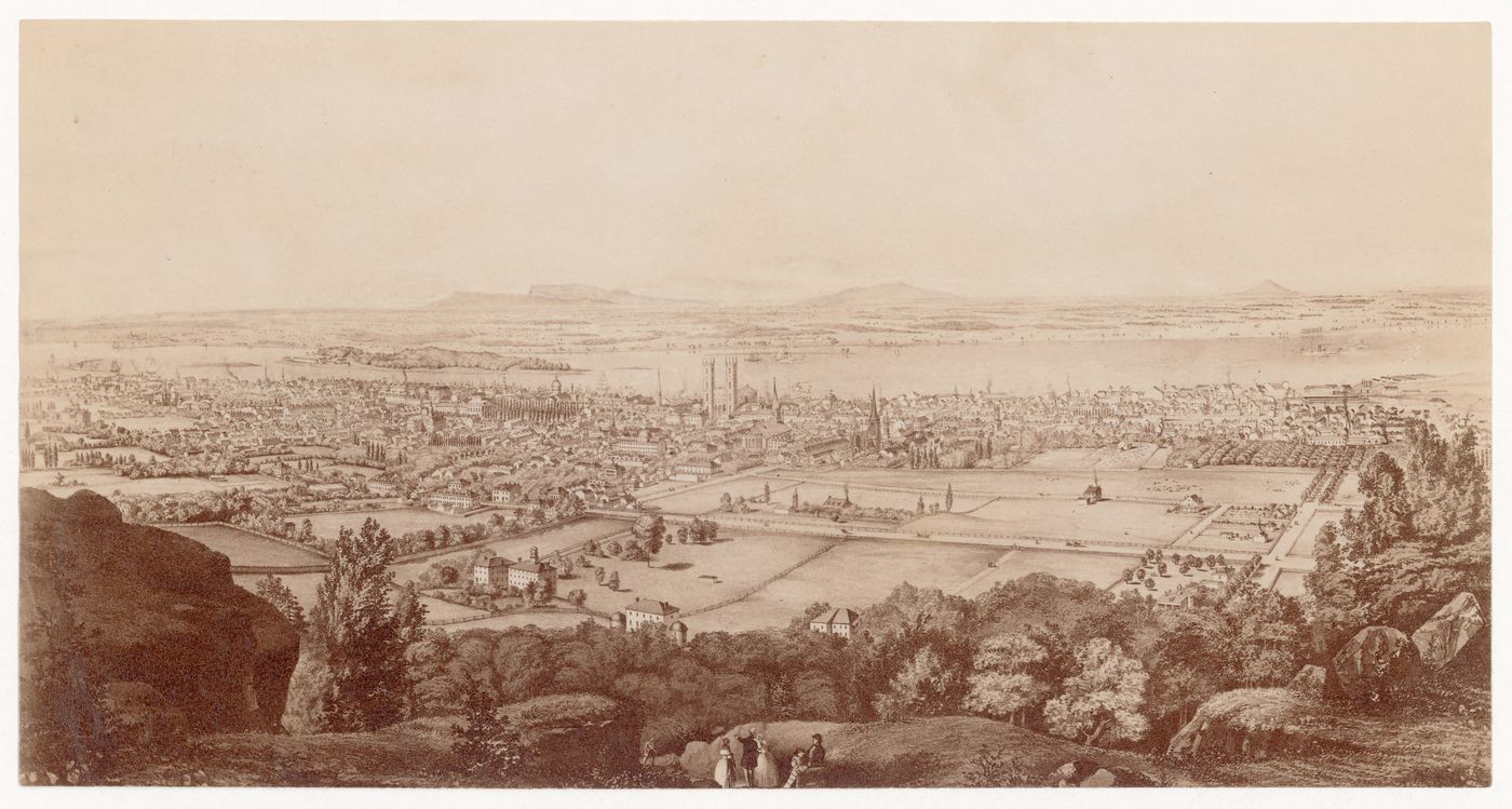 Photograph of a lithography titled "Montreal, Canada East", by Edwin Whitefield showing Montréal as seen from Mount Royal in the mid 19th century, Montréal, Québec