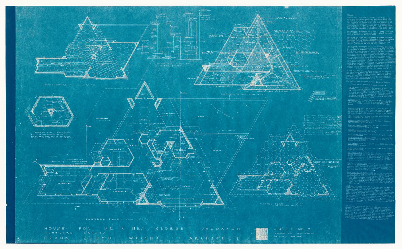 Plans, a diagram and a detail with specifications for the 1950 design for the Mr. & Mrs. George Jacobsen House, Hudson, Québec