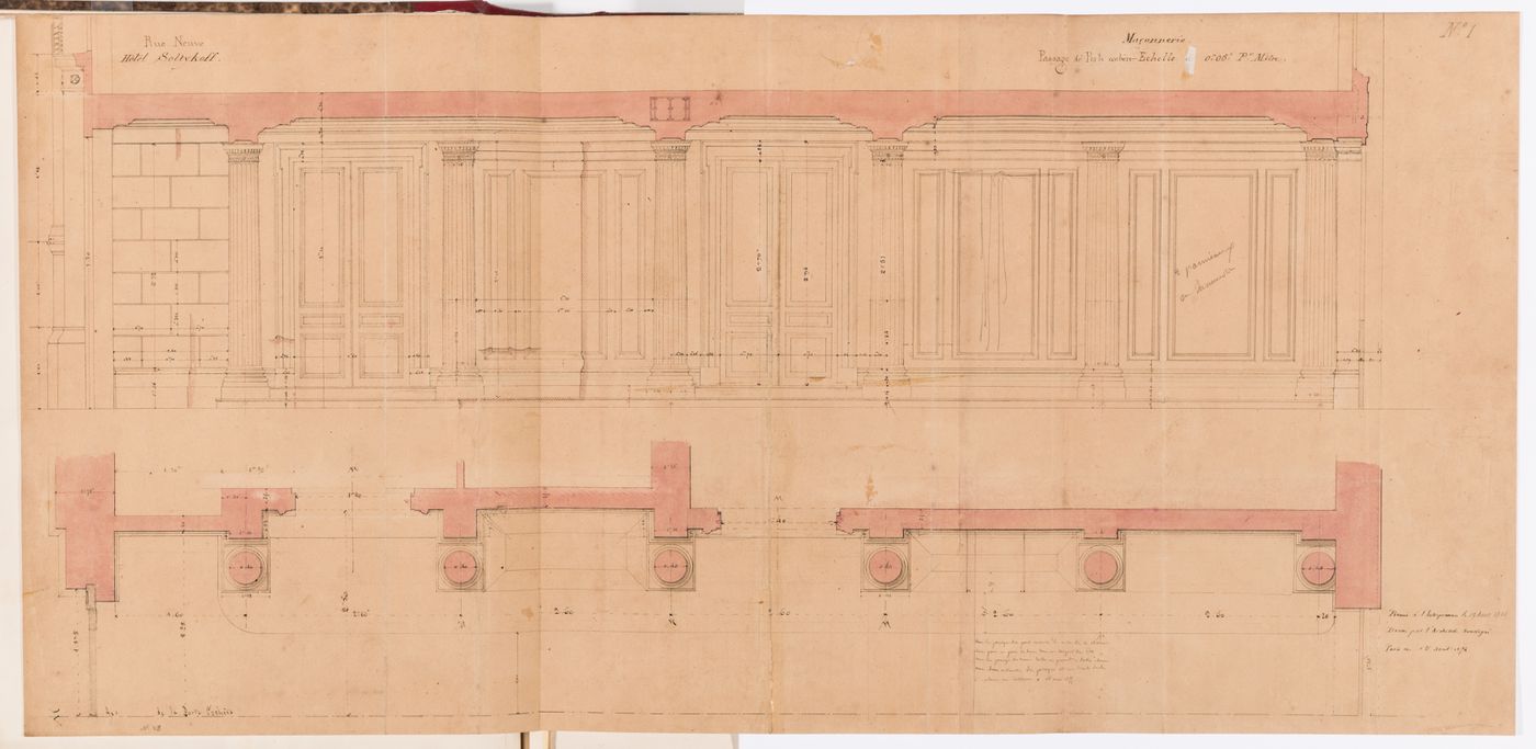 Section with moulding profiles and half plan for the porte cochere, Hôtel Soltykoff