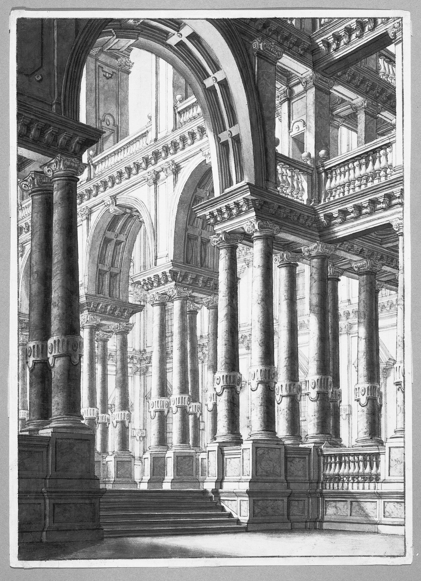 Stage design: interior of a monumental, columned hall in a palace