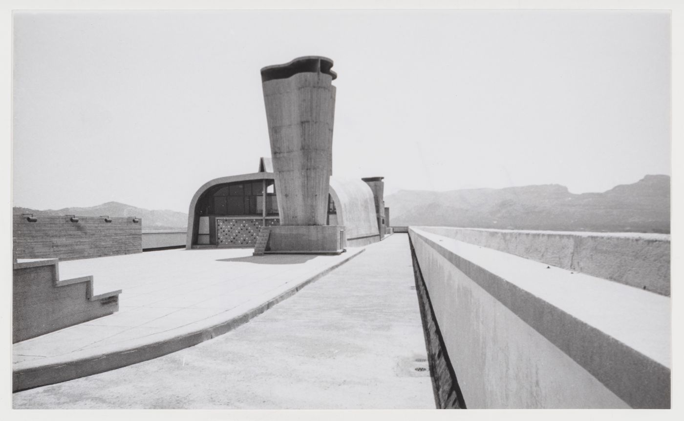 View of the roof of Unité d'habitation showing the running track, gymnasium and a ventilation shaft, Marseille, France