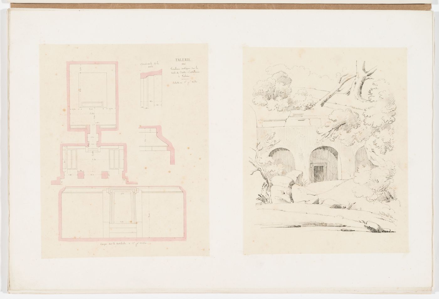 Plan, section and molding details of the ancient tomb on the road to Civita Castellana (Falerii) and a sketch of the exterior of the tomb and its surroundings
