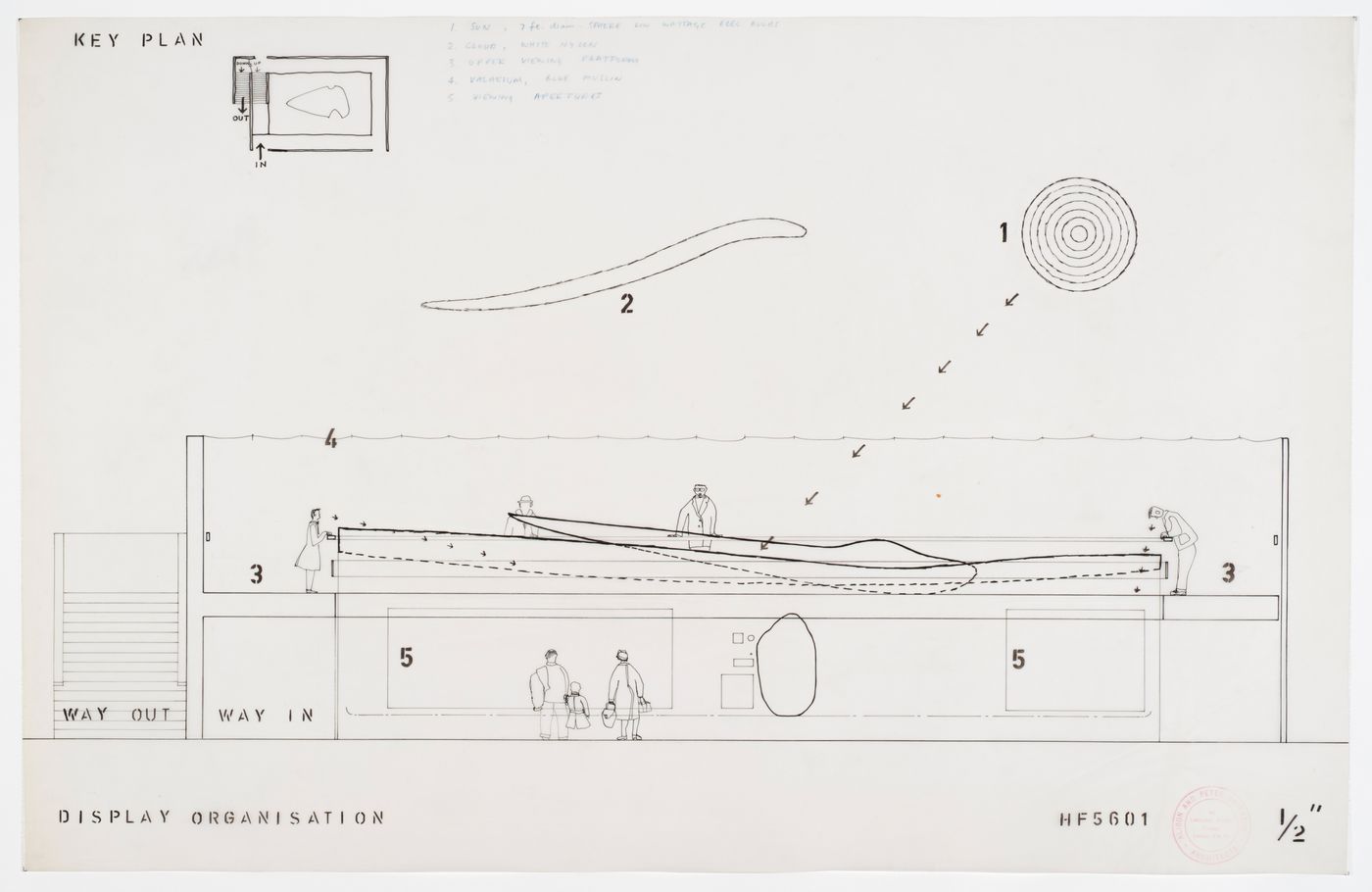 Plan and a section for the circulation of exhibition viewers and a key, House of the Future, Daily Mail Ideal Homes Exhibition, London, England