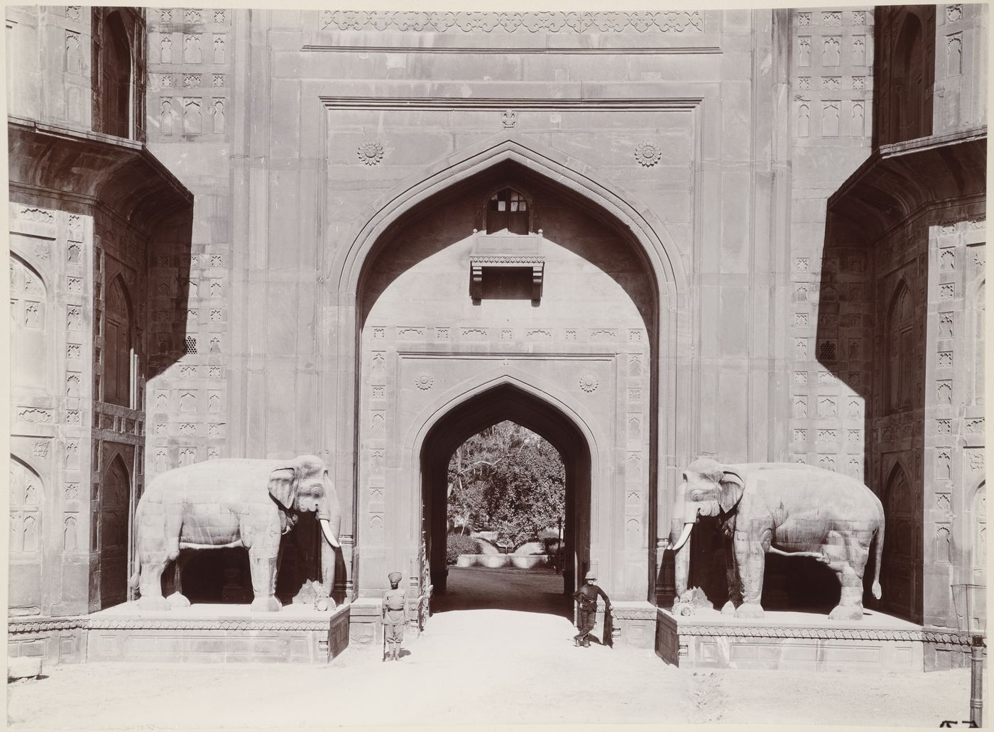 View of a gateway flanked by elephants, Shahjahanabad (now Lal Qila or Red Fort), Delhi, India