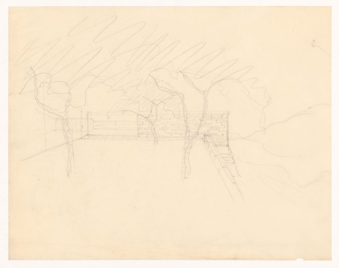 Sketch perspective for Mountain House showing the interior from the courtyard