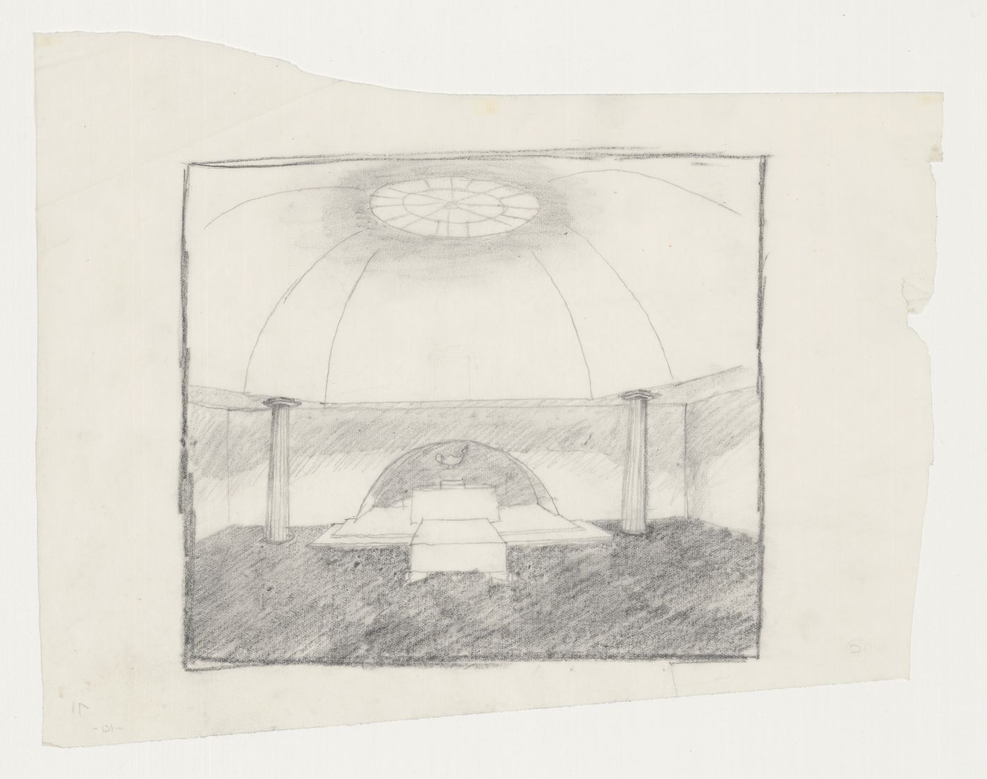 Interior sketch perspective for Woodland Chapel showing the altar and catafalque, Woodland Cemetery, Stockholm, Sweden