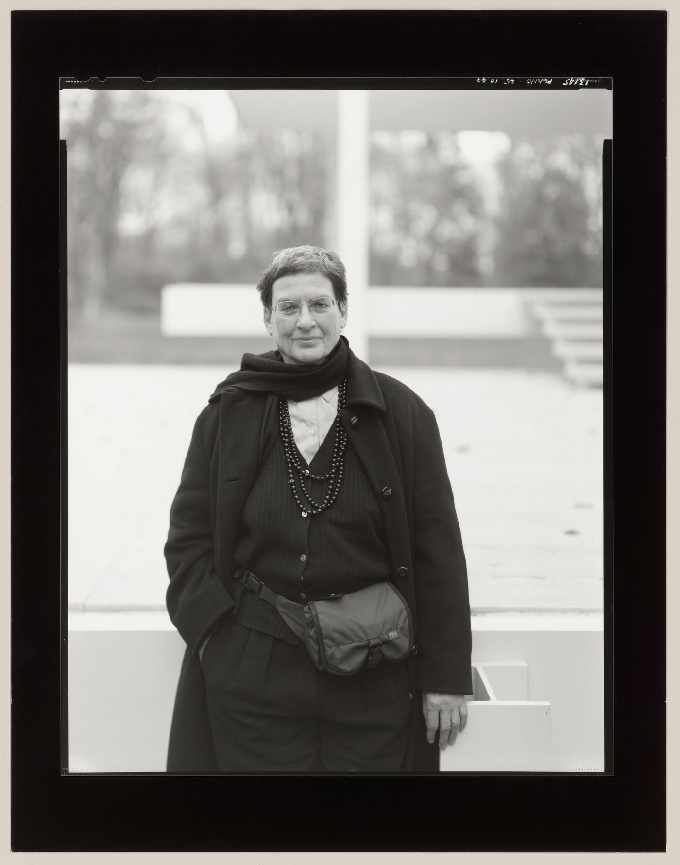 Portrait of Phyllis Lambert with the Farsnworth House in the background, Plano, Illinois