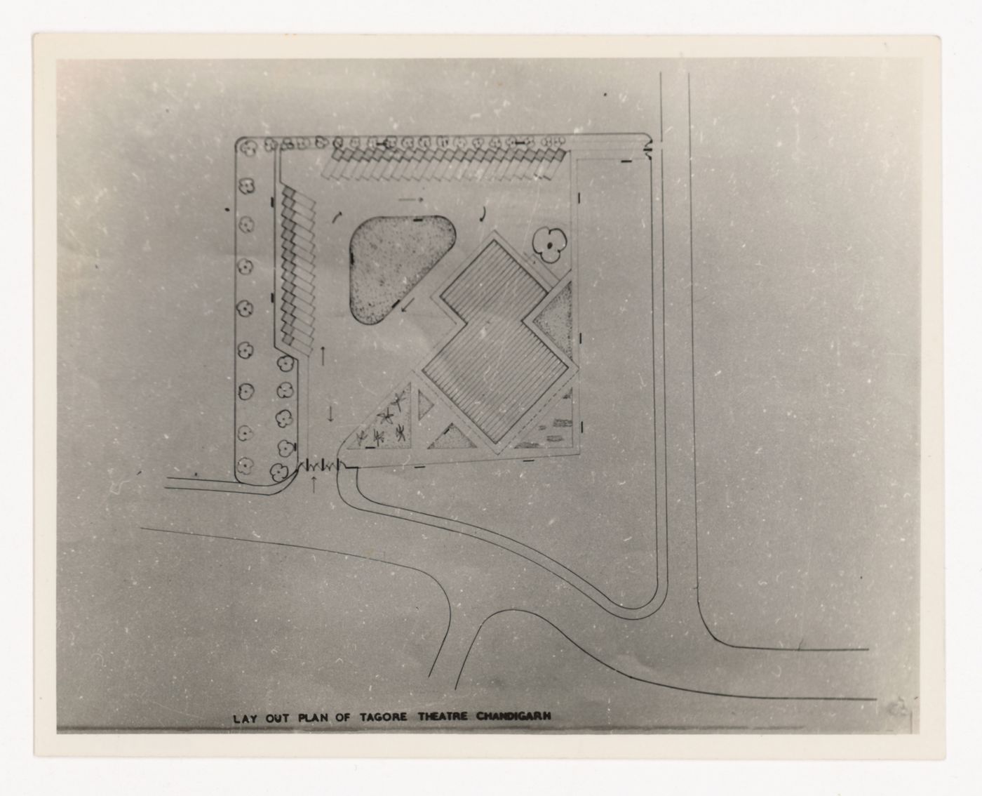 Photographic reproduction of layout plan drawing for Tagore Theatre, Chandigarh, India