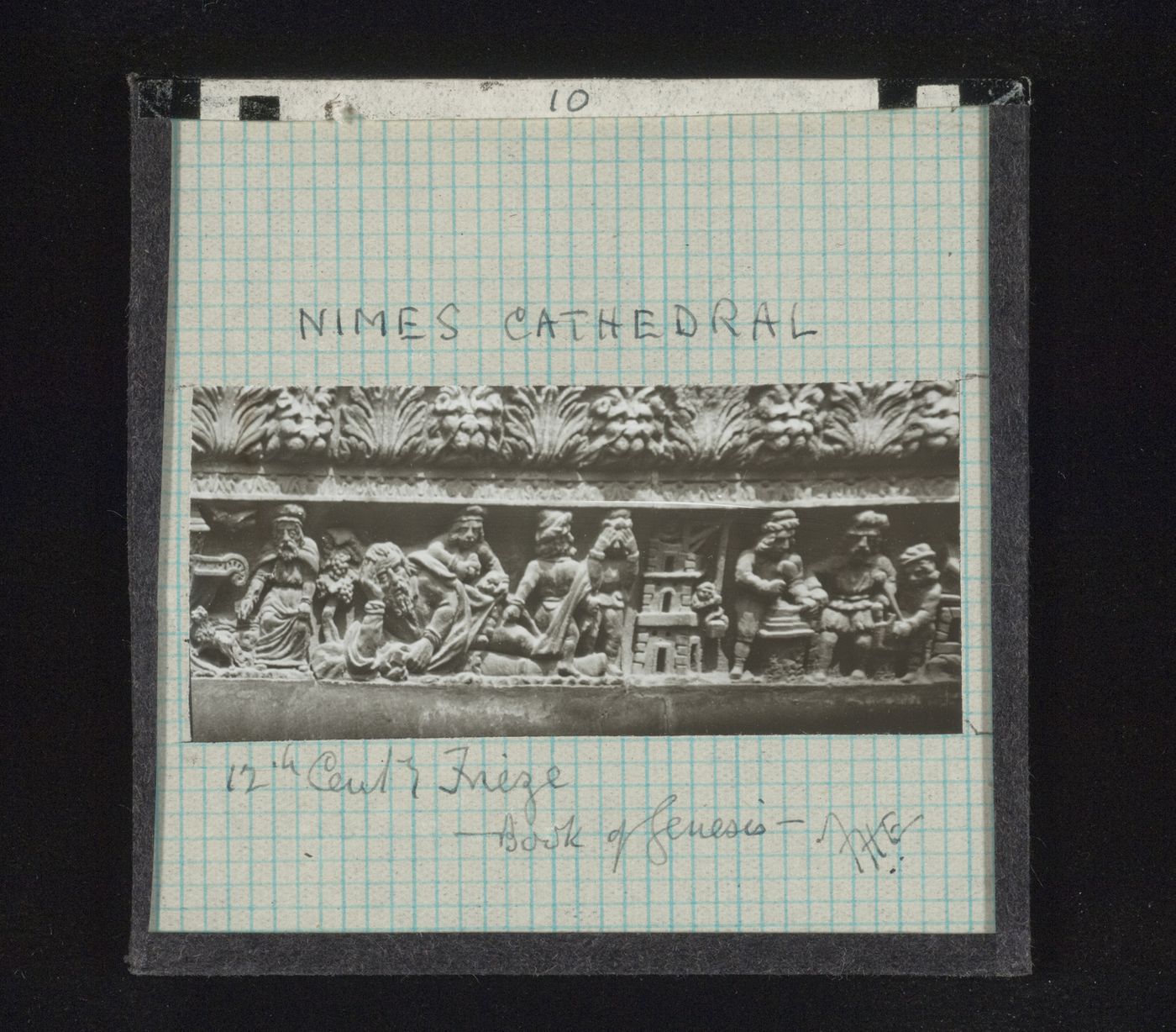 Detail view of frieze of cathedral facade with relief sculpture from Book of Genesis, Nîmes, France