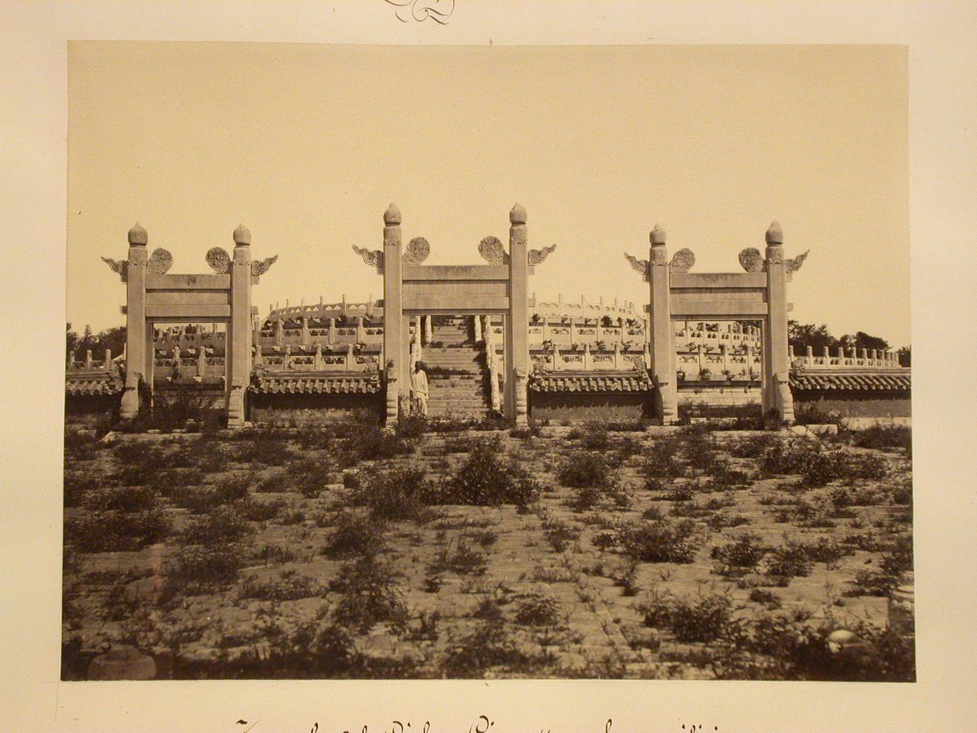 View of three gateways leading to the Altar of Heaven [Tian Tan], Peking (now Beijing), China