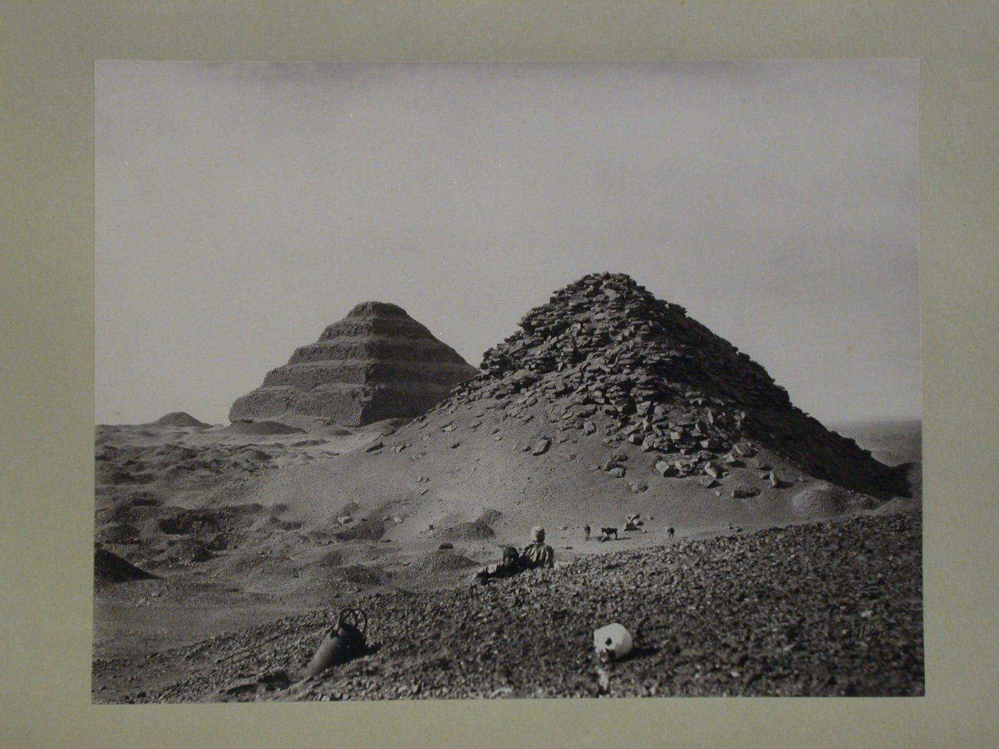 Pyramid of Userkaf in foreground and the Step Pyramid of Netjerykhet Djoser behind, from the northeast, Saqqara, Egypt