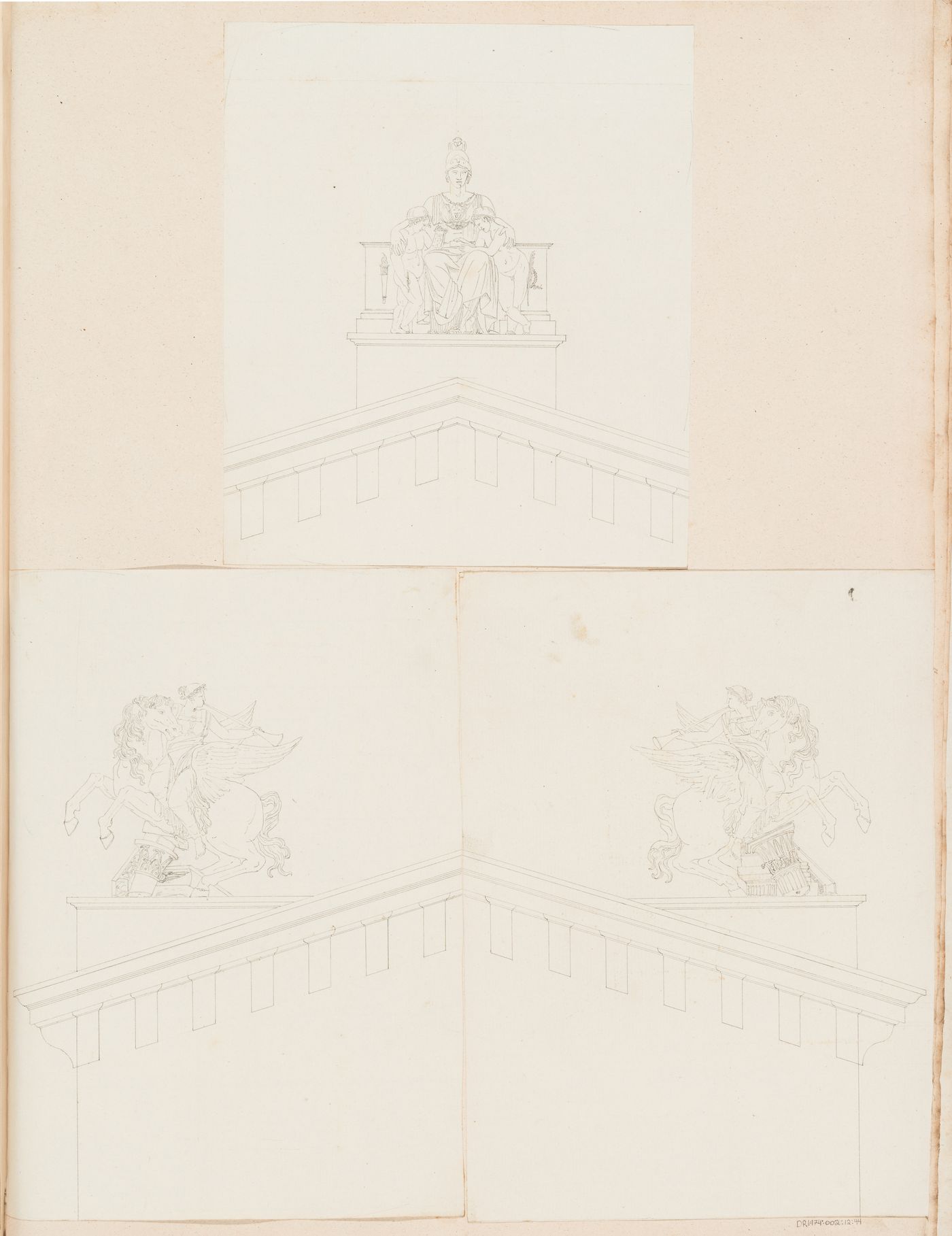 1800 Grand Prix Competition [?]: Partial elevation of the pediment showing corner statue